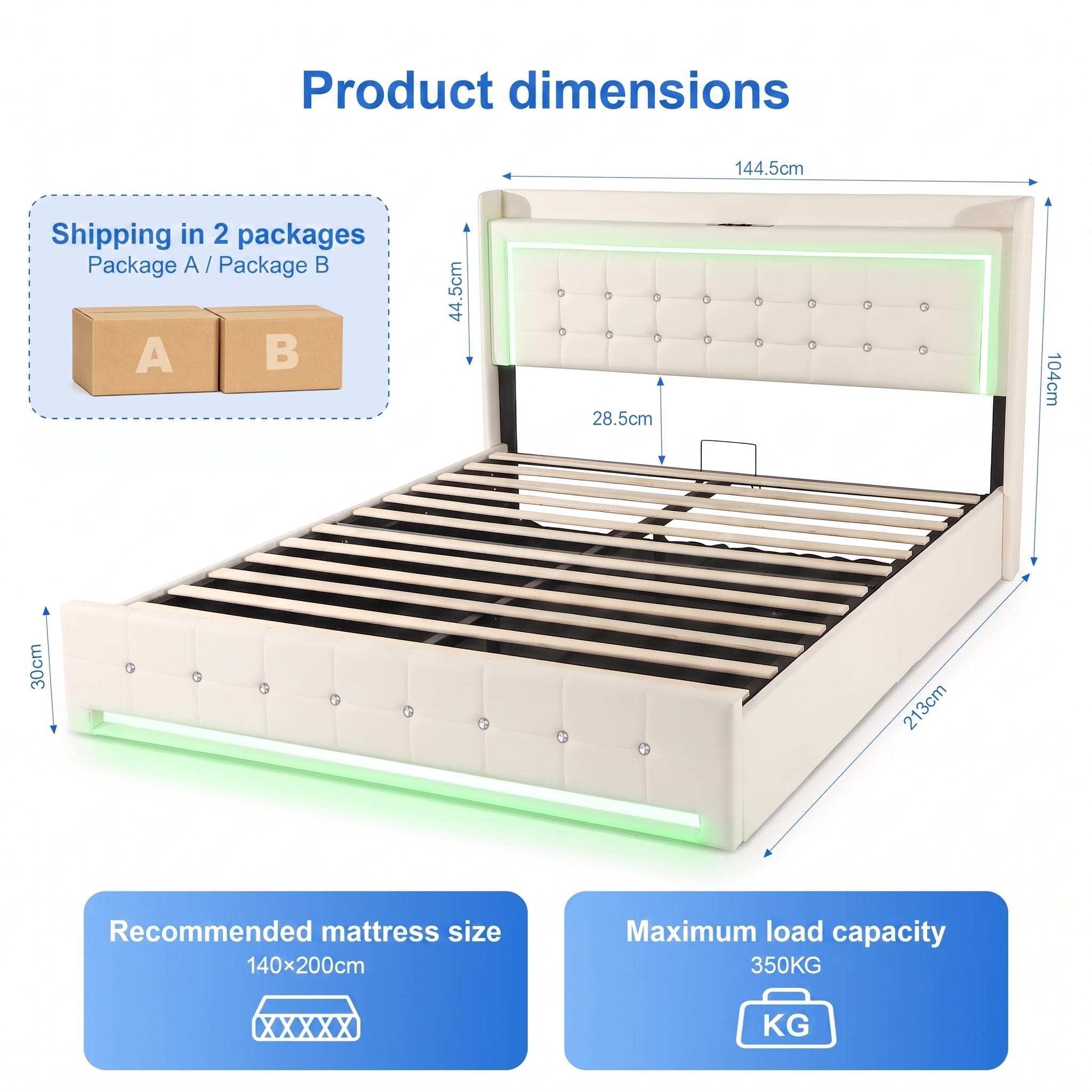 OYAJIA Storage Bed with RGB LED Headboard, USB-C Charging Station and 300 kg Capacity