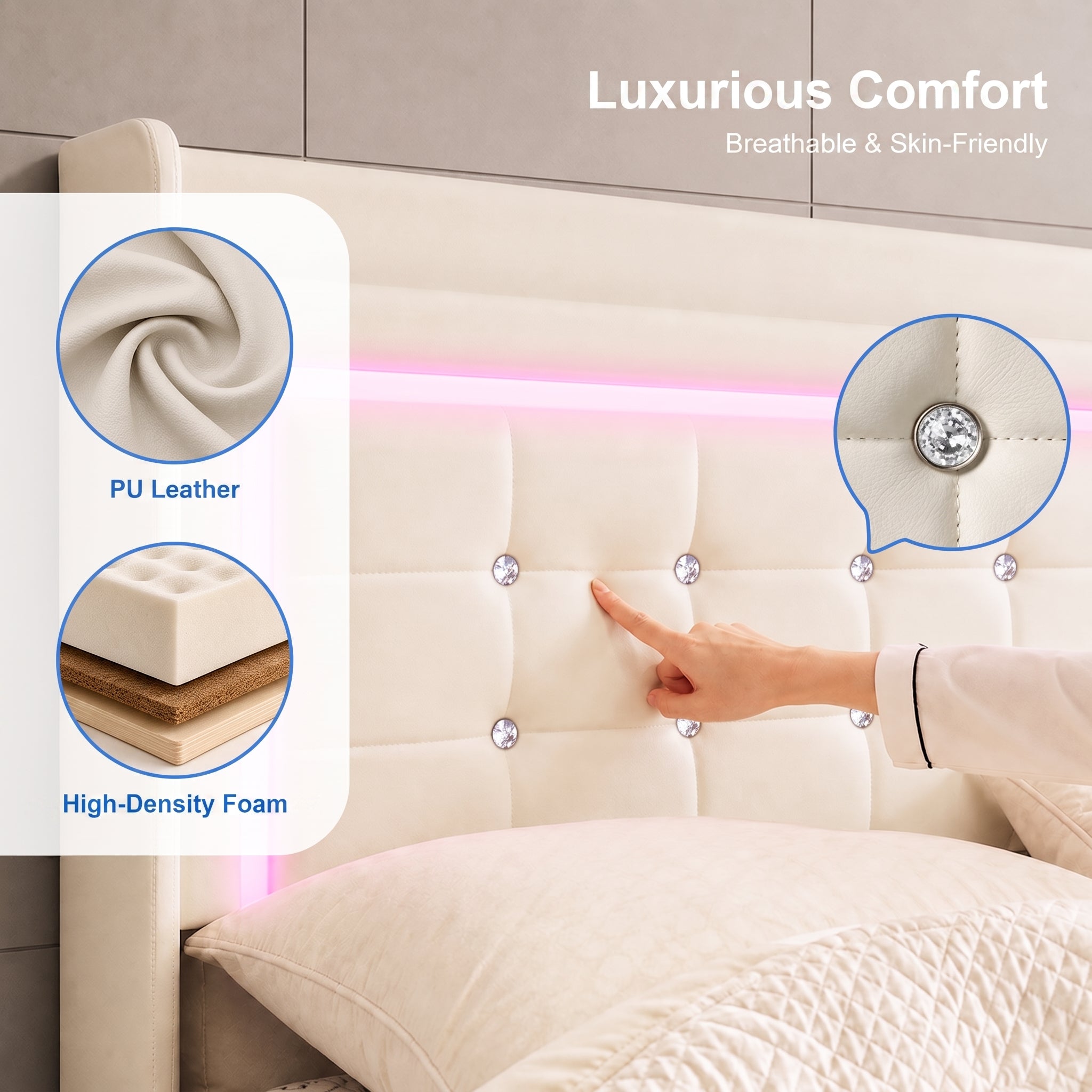 OYAJIA Storage Bed with RGB LED Headboard, USB-C Charging Station and 300 kg Capacity