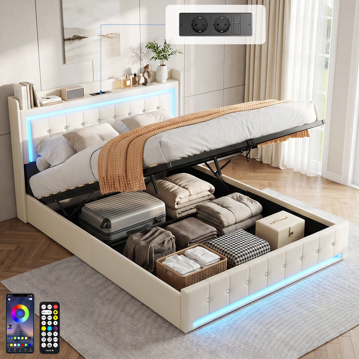 OYAJIA Storage Bed with RGB LED Headboard, USB-C Charging Station and 300 kg Capacity
