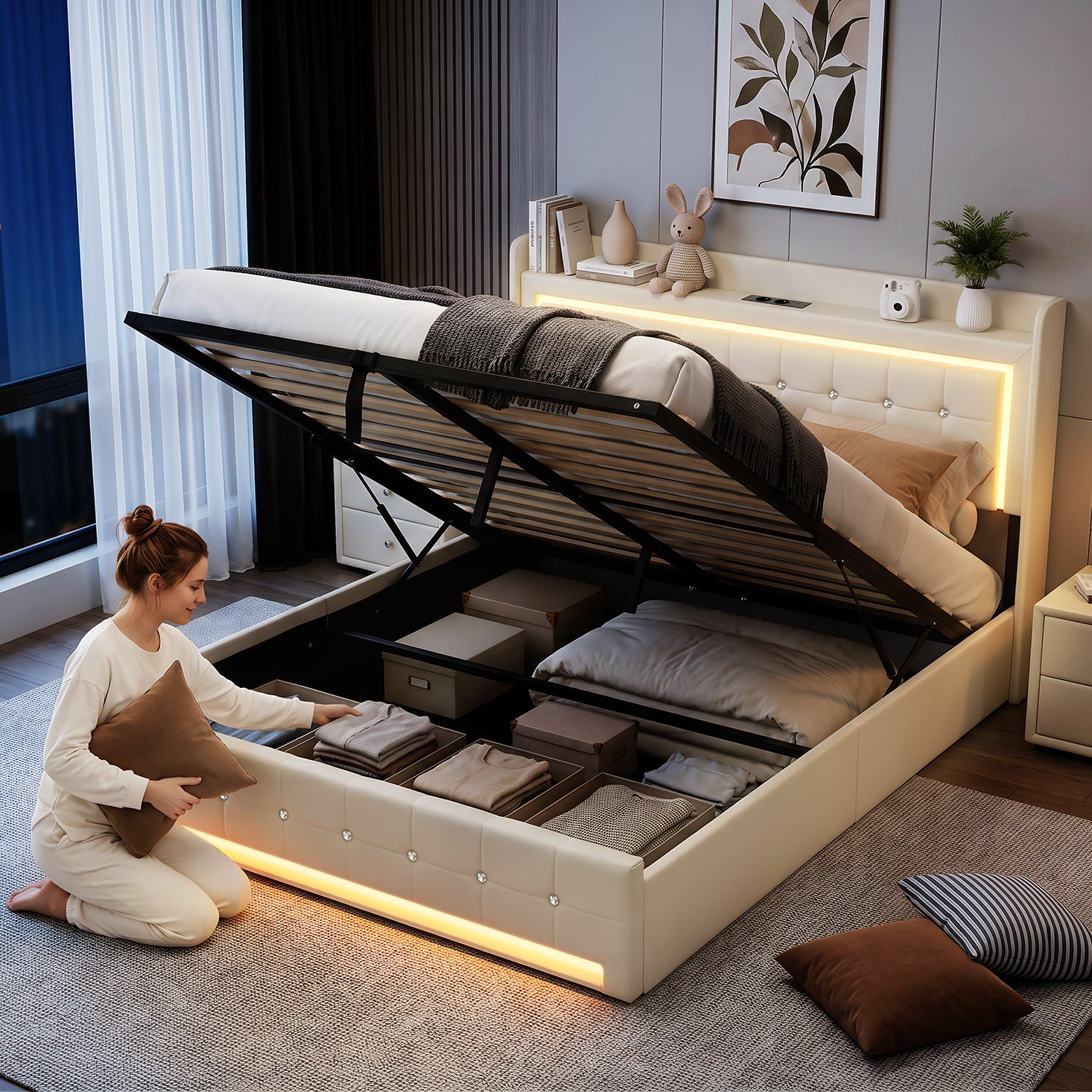 OYAJIA Storage Bed with RGB LED Headboard, USB-C Charging Station and 300 kg Capacity