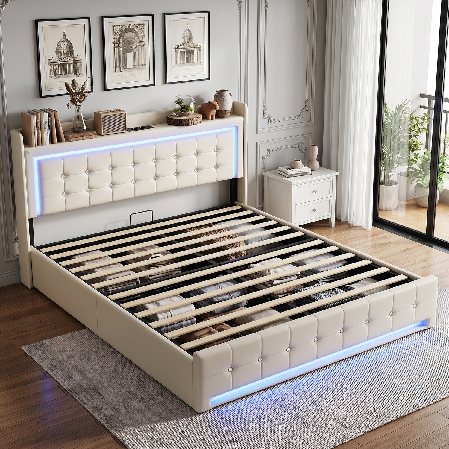 OYAJIA Storage Bed with RGB LED Headboard, USB-C Charging Station and 300 kg Capacity