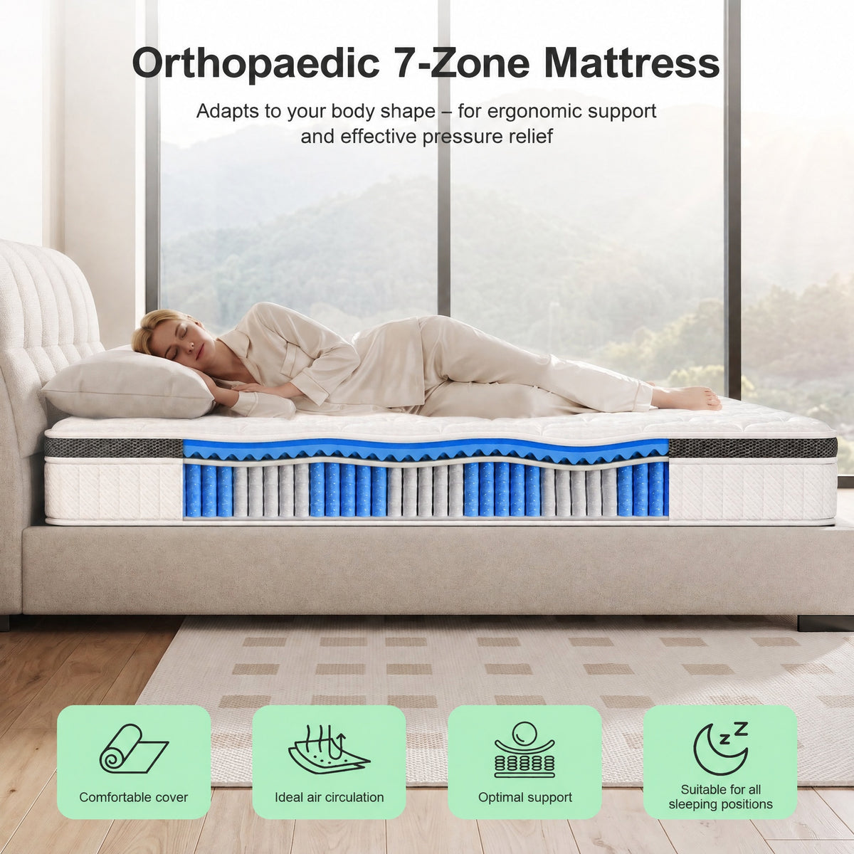 OYAJIA 25cm 7-Zone Pocket Spring Mattress with 10-Layer Comfort