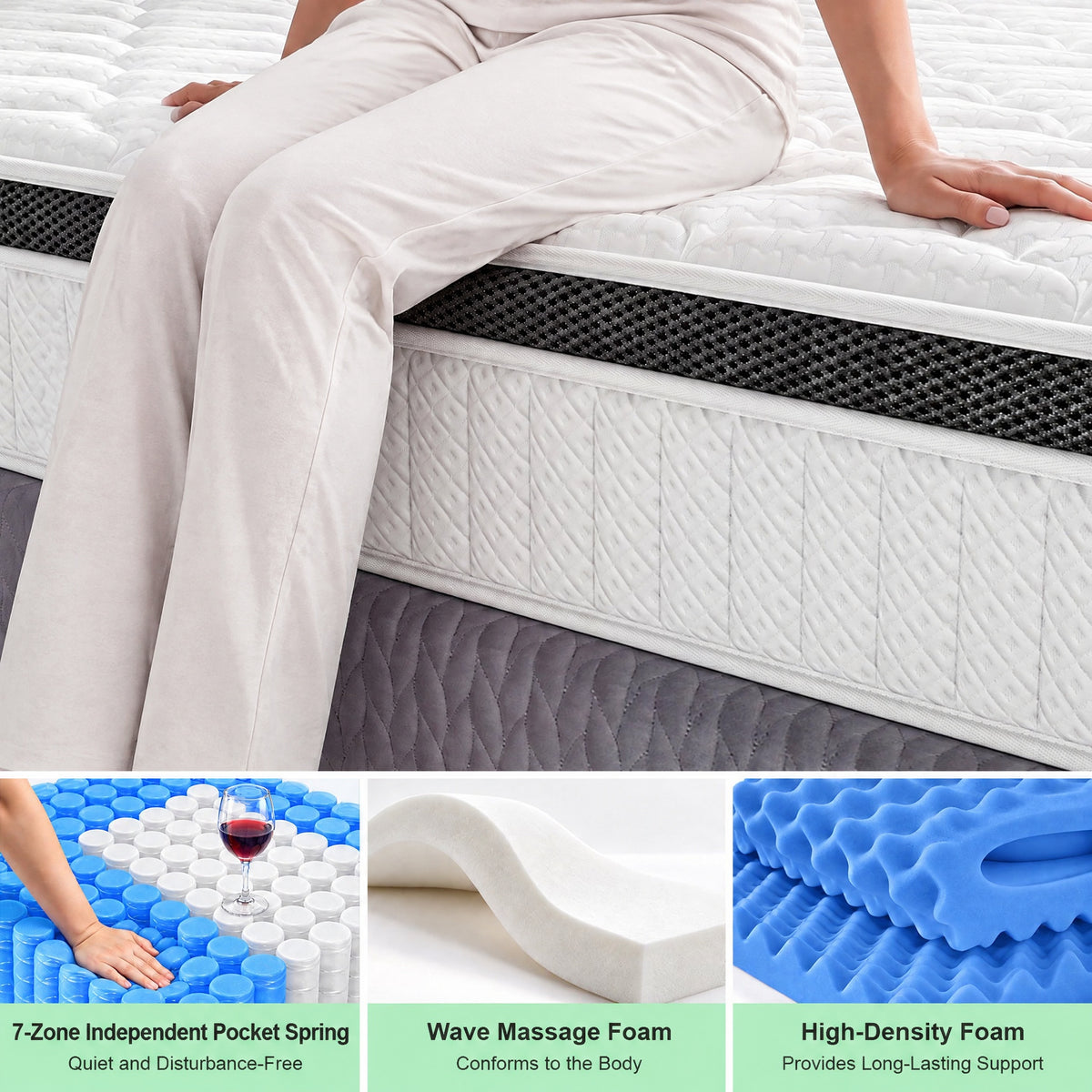 OYAJIA 25cm 7-Zone Pocket Spring Mattress with 10-Layer Comfort