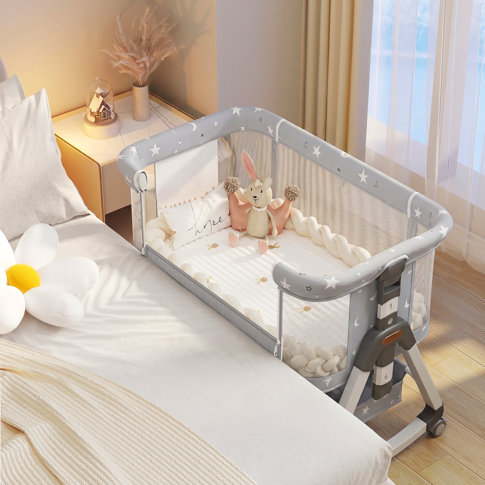 OYAJIA 3-in-1 Baby Bedside Crib with 6-Level Height Adjustment, Wheels and Mosquito Net