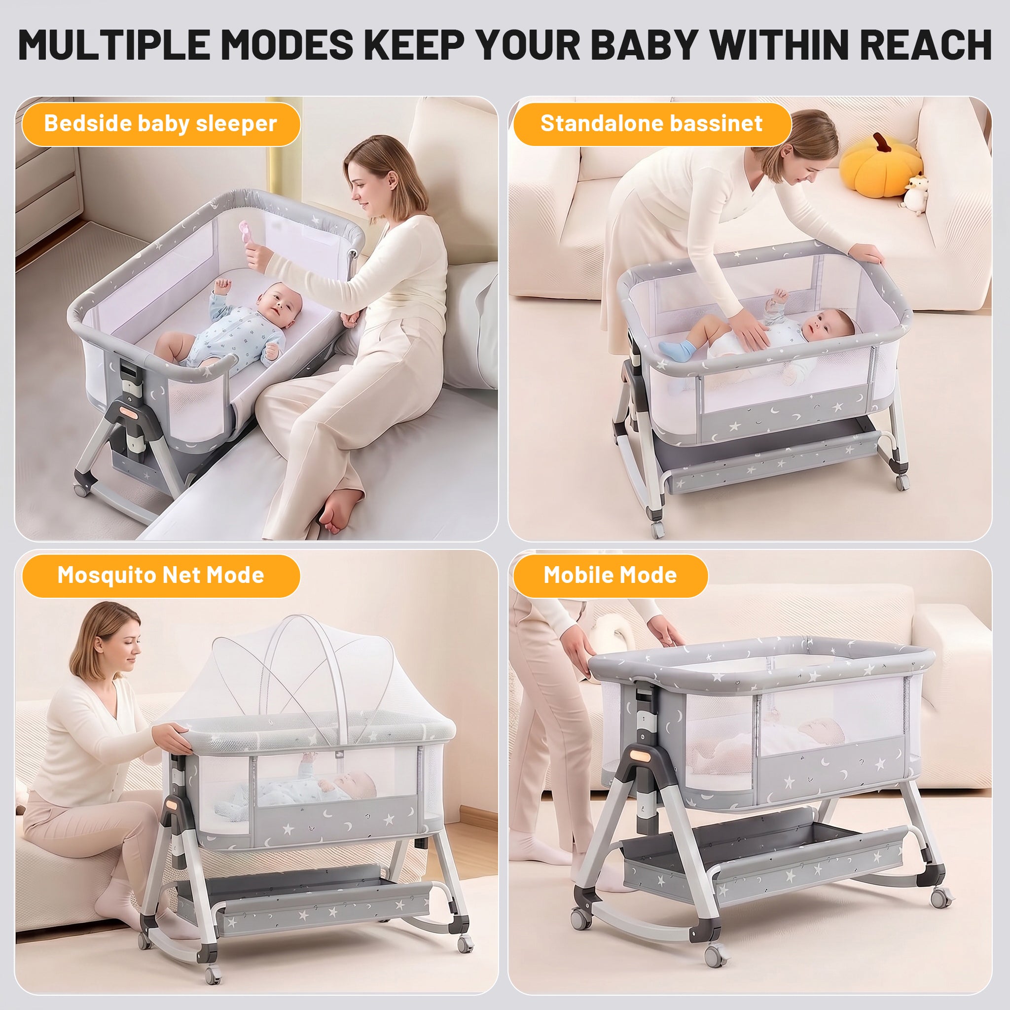 OYAJIA 3-in-1 Baby Bedside Crib with 6-Level Height Adjustment, Wheels and Mosquito Net