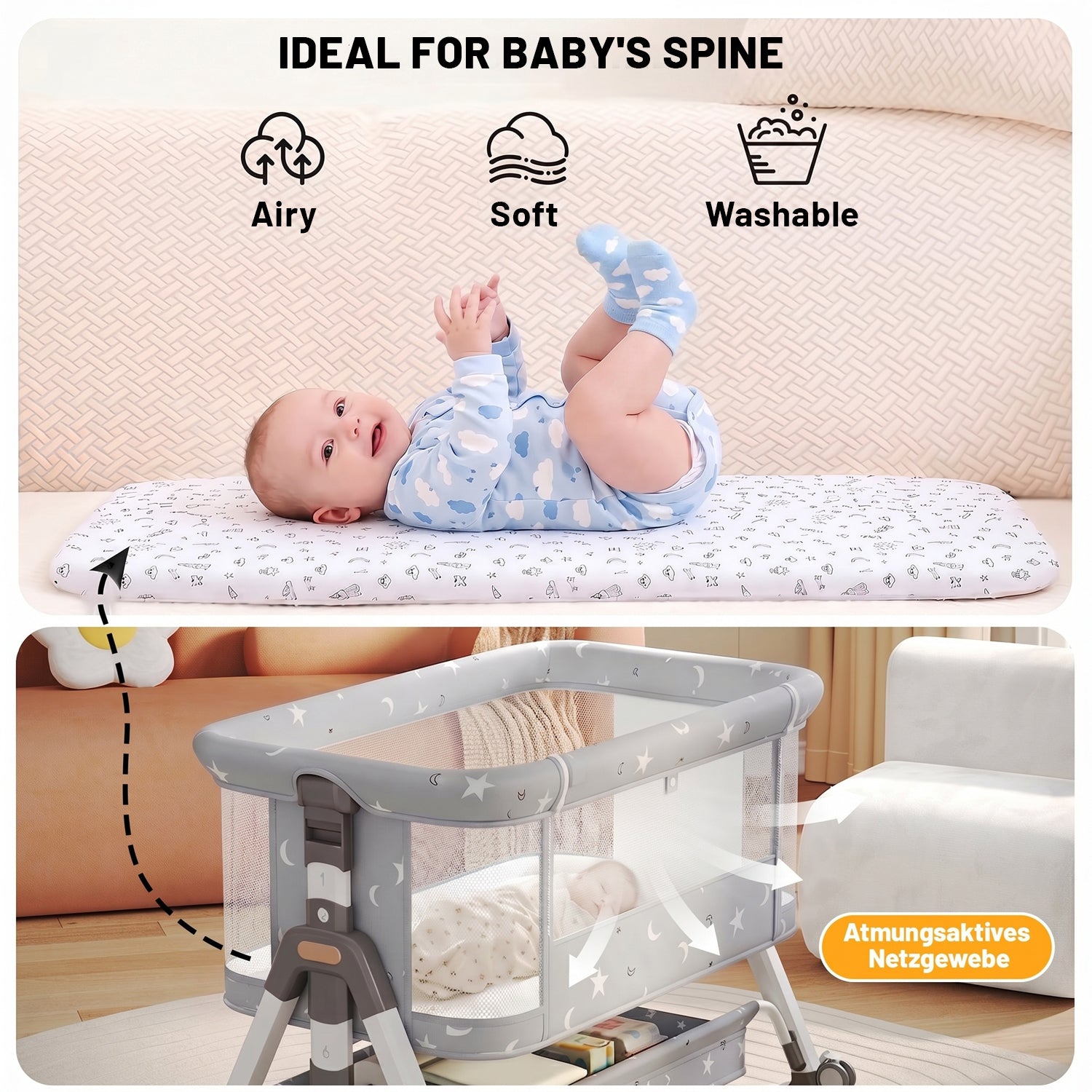 OYAJIA 3-in-1 Baby Bedside Crib with 6-Level Height Adjustment, Wheels and Mosquito Net