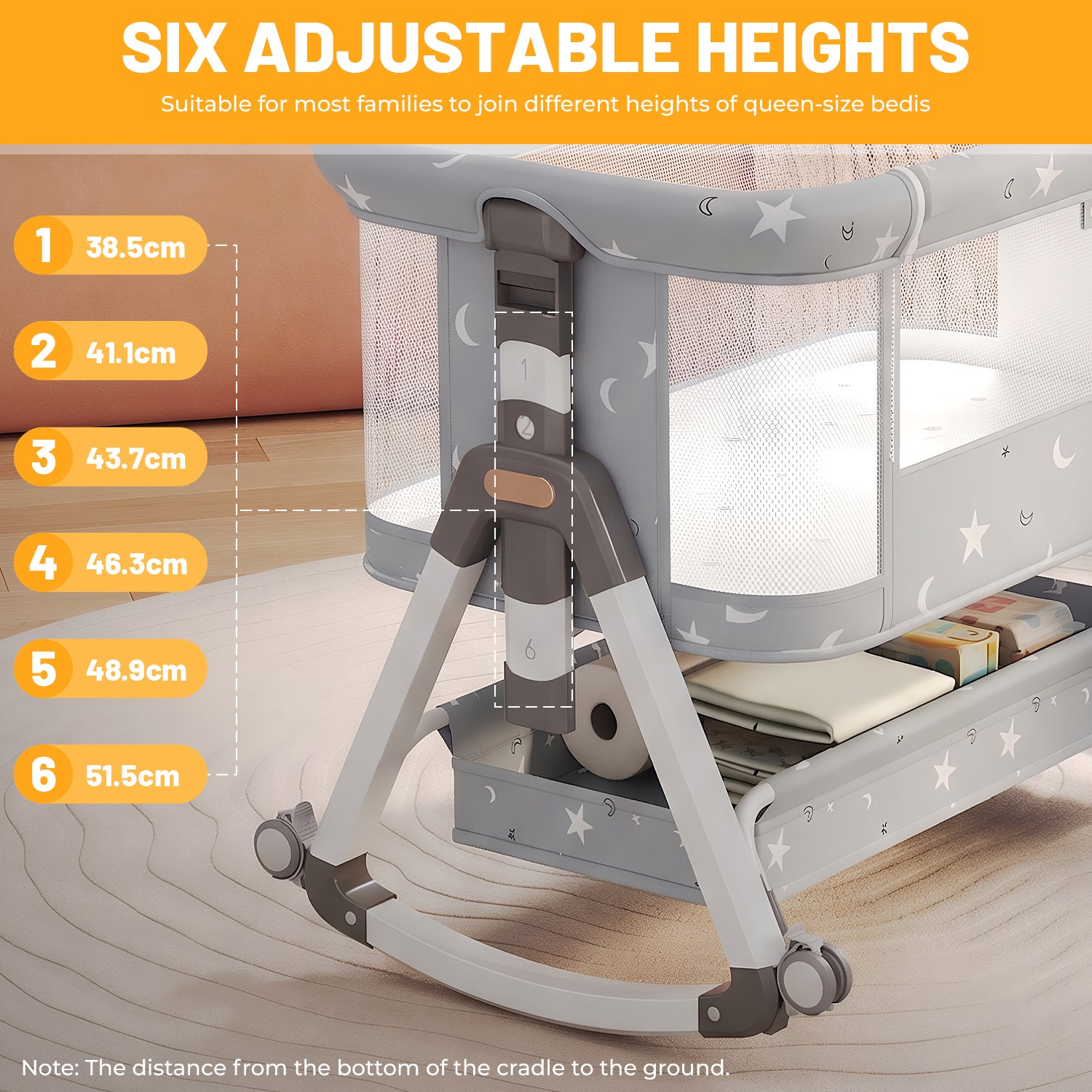 OYAJIA 3-in-1 Baby Bedside Crib with 6-Level Height Adjustment, Wheels and Mosquito Net