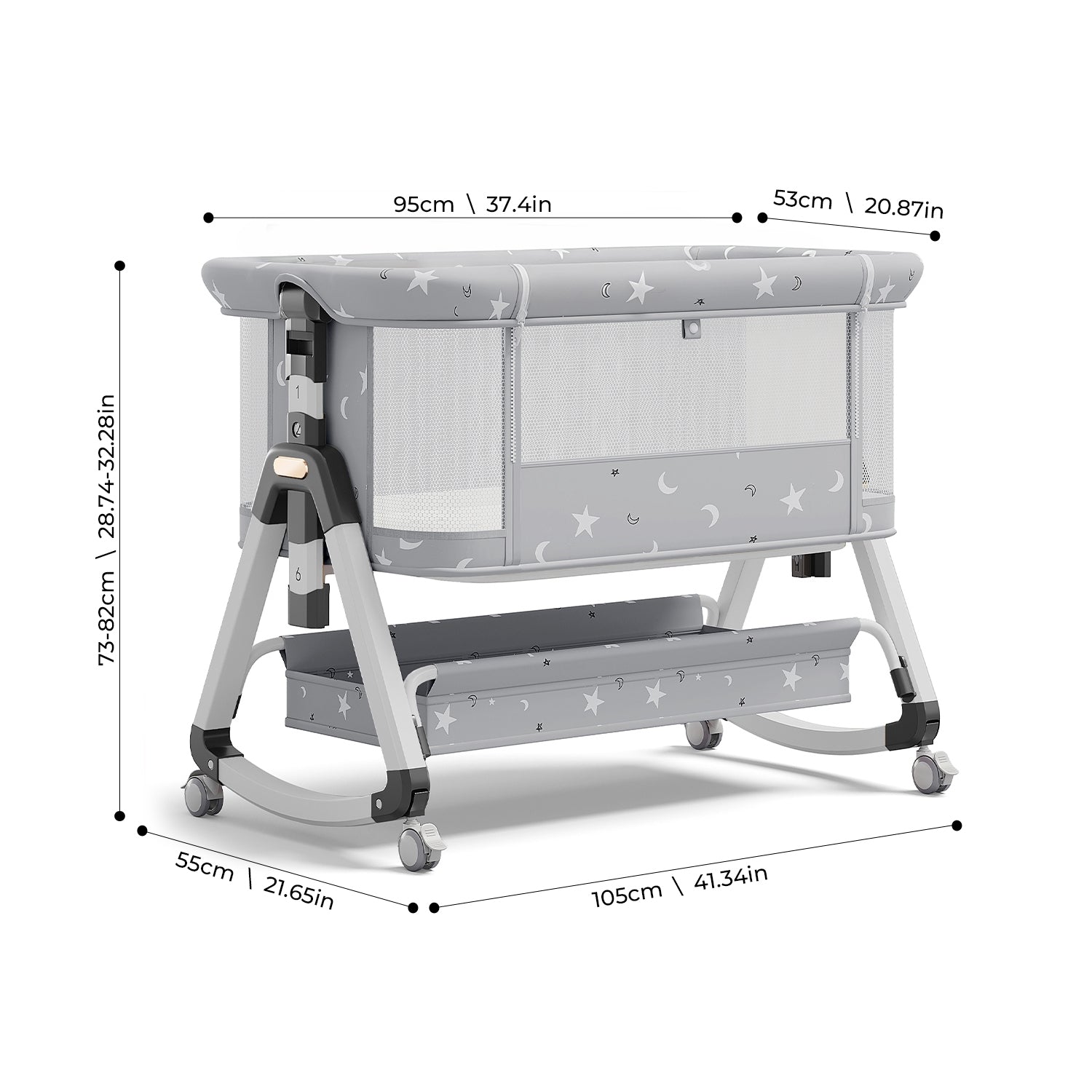 OYAJIA 3-in-1 Baby Bedside Crib with 6-Level Height Adjustment, Wheels and Mosquito Net