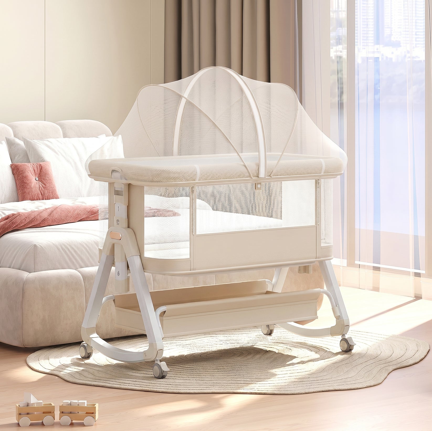OYAJIA 3-in-1 Babybett mit 6-facher Höhenverstellung, Rollen und Moskitonetz