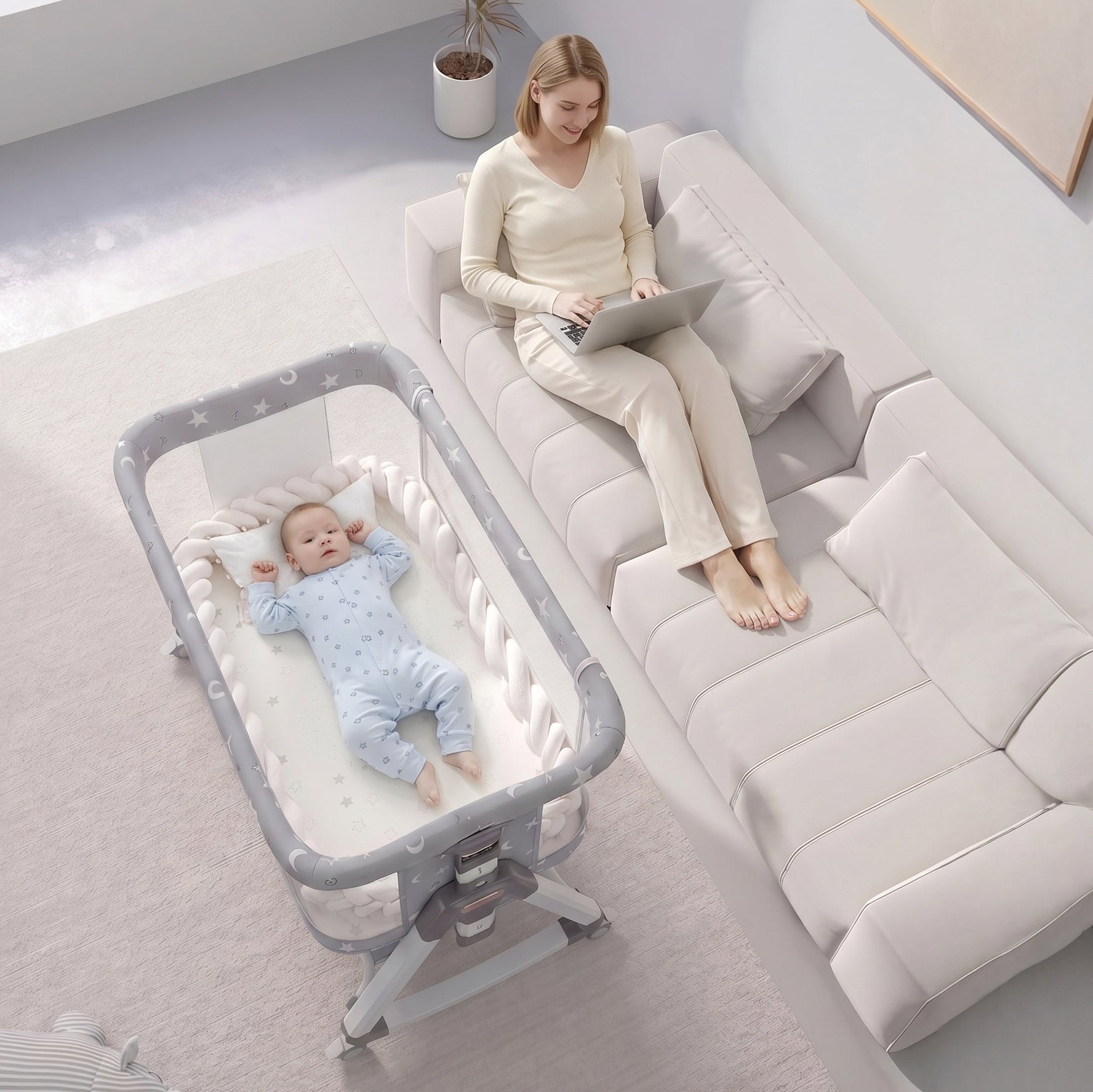 OYAJIA 3-in-1 Baby Bedside Crib with 6-Level Height Adjustment, Wheels and Mosquito Net