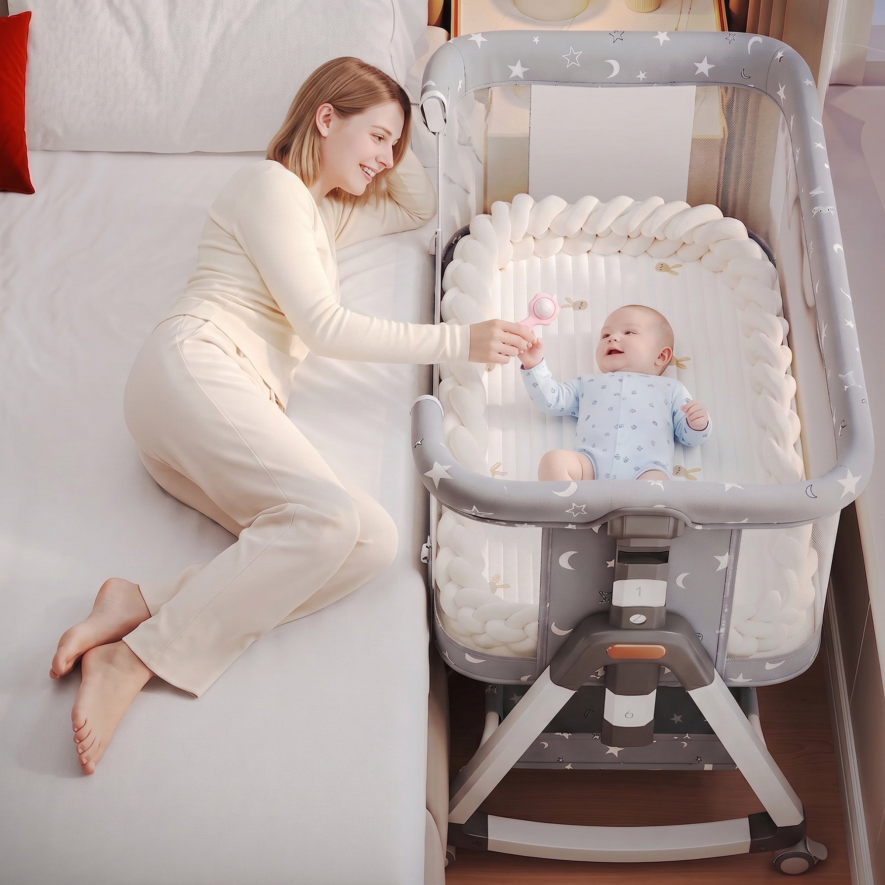 OYAJIA 3-in-1 Baby Bedside Crib with 6-Level Height Adjustment, Wheels and Mosquito Net