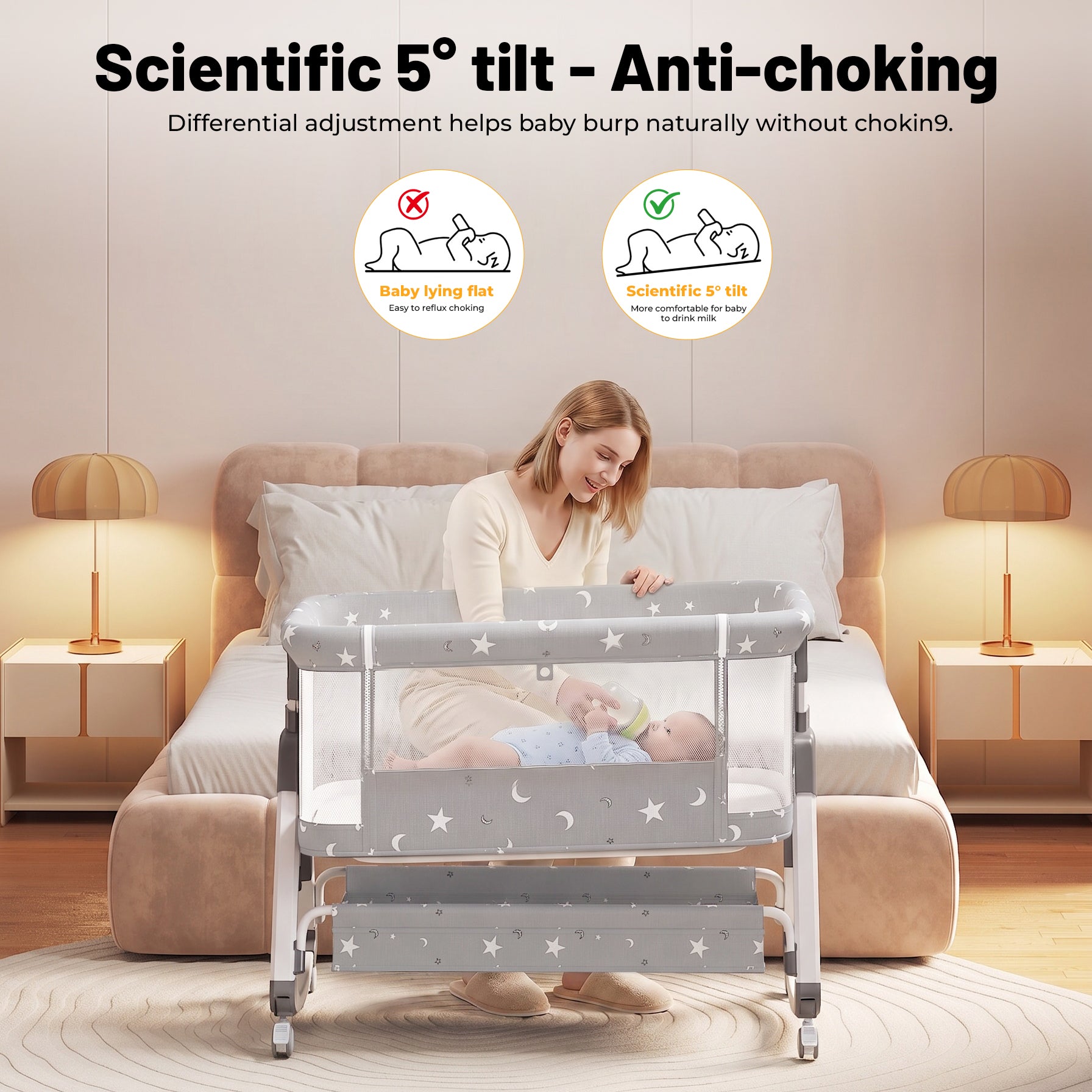 OYAJIA 3-in-1 Baby Bedside Crib with 6-Level Height Adjustment, Wheels and Mosquito Net