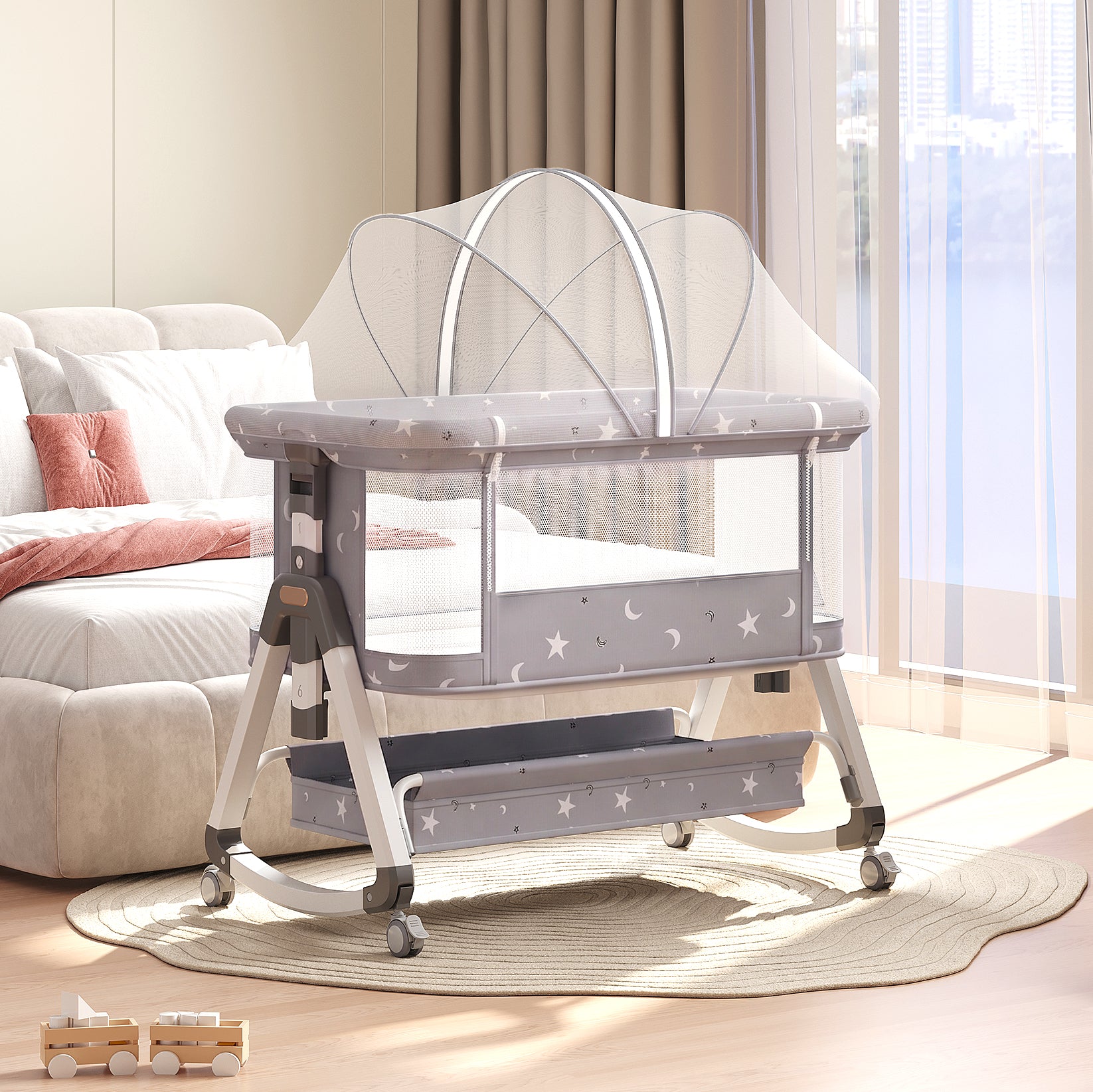 OYAJIA 3-in-1 Baby Bedside Crib with 6-Level Height Adjustment, Wheels and Mosquito Net