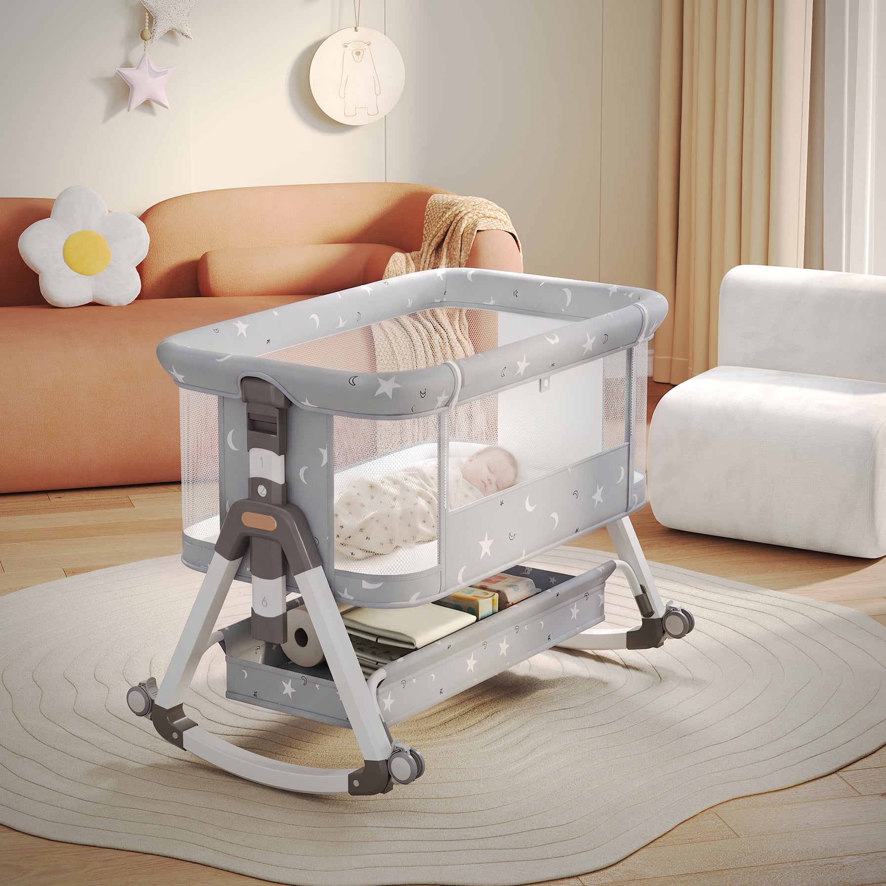 OYAJIA 3-in-1 Baby Bedside Crib with 6-Level Height Adjustment, Wheels and Mosquito Net