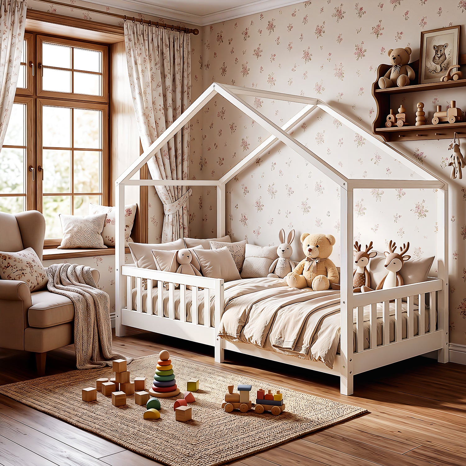 OYAJIA Montessori Floor Bed with Removable Safety Guardrail and Pine Wood Frame