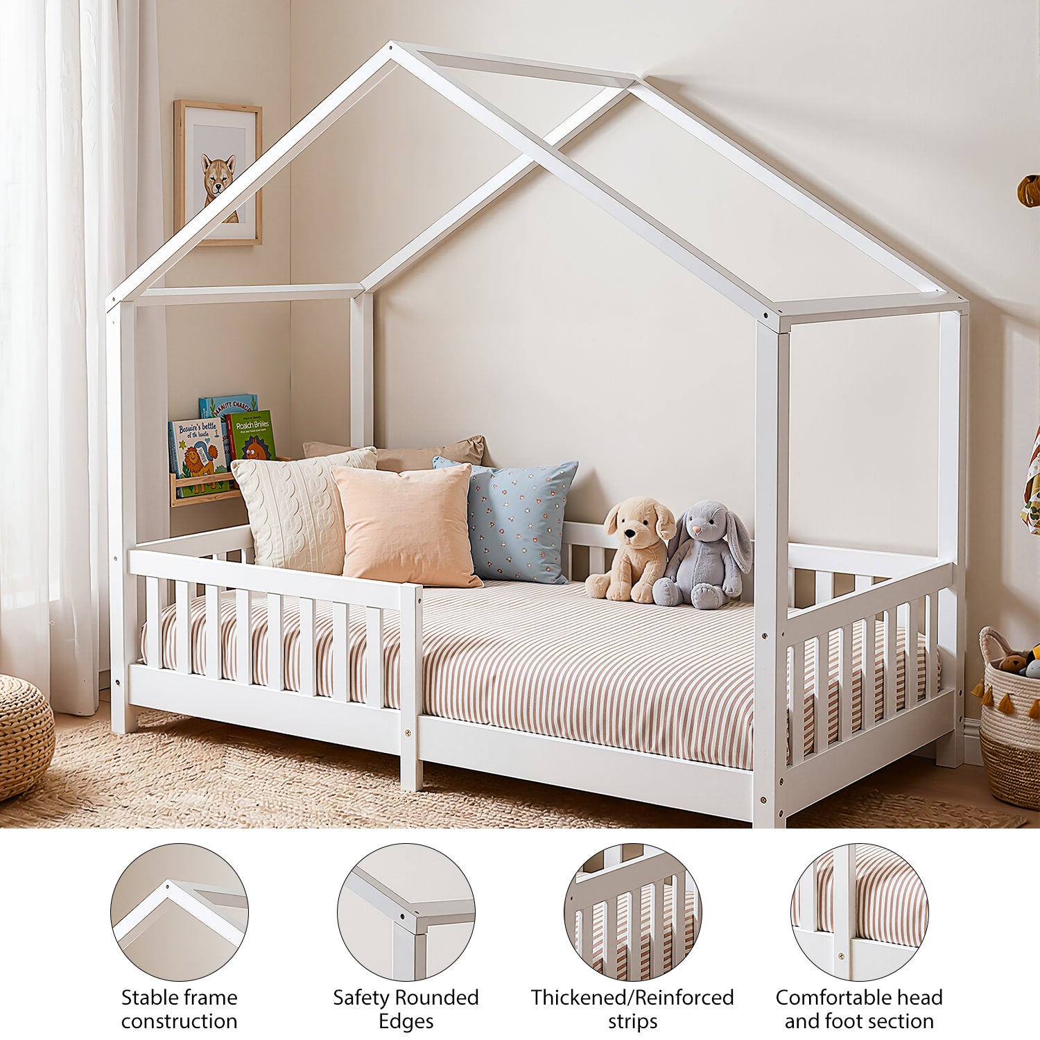 OYAJIA Montessori Floor Bed with Removable Safety Guardrail and Pine Wood Frame