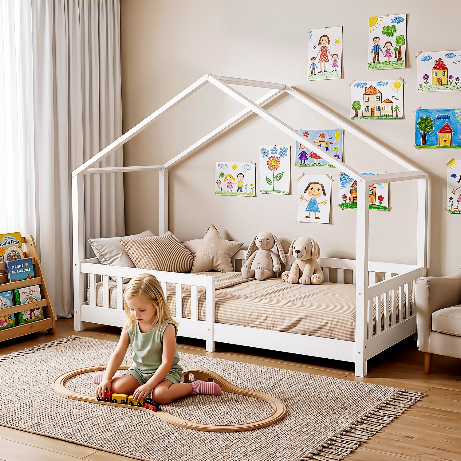 OYAJIA Montessori Floor Bed with Removable Safety Guardrail and Pine Wood Frame