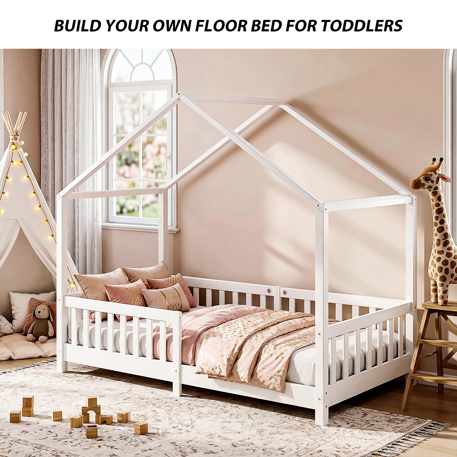 OYAJIA Montessori Floor Bed with Removable Safety Guardrail and Pine Wood Frame