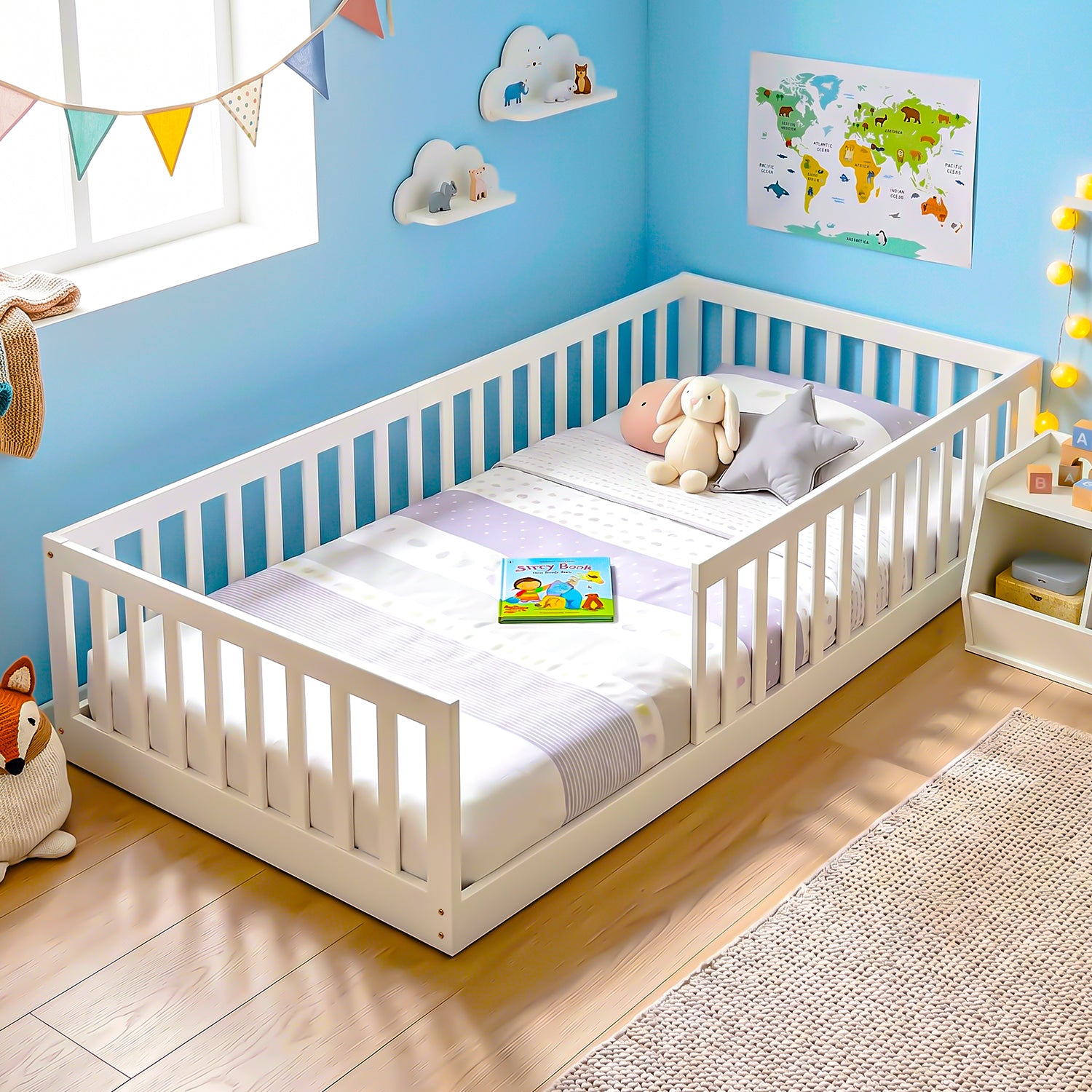 OYAJIA Montessori Floor Bed for Kids, House Bed Frame with Removable Safety Guardrail