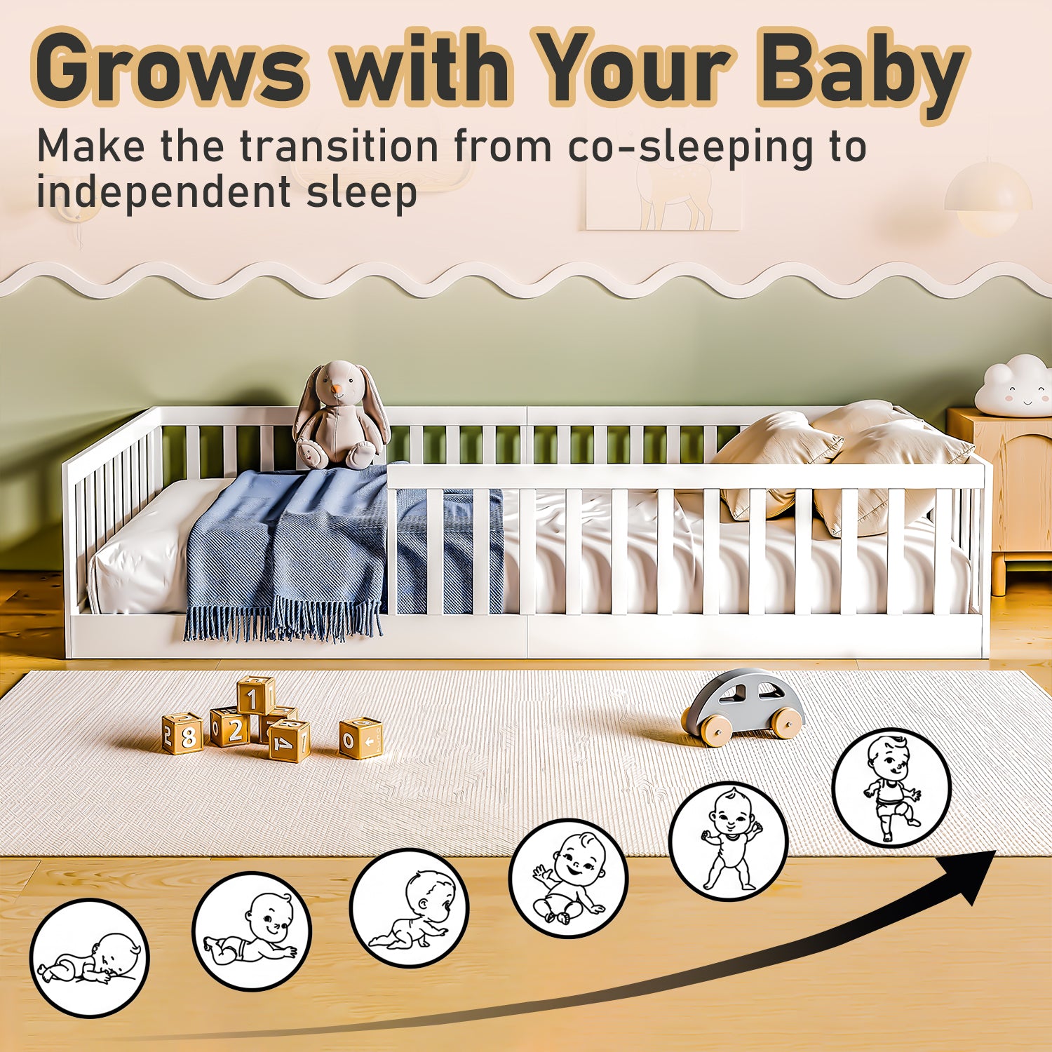 OYAJIA Montessori Floor Bed for Kids, House Bed Frame with Removable Safety Guardrail