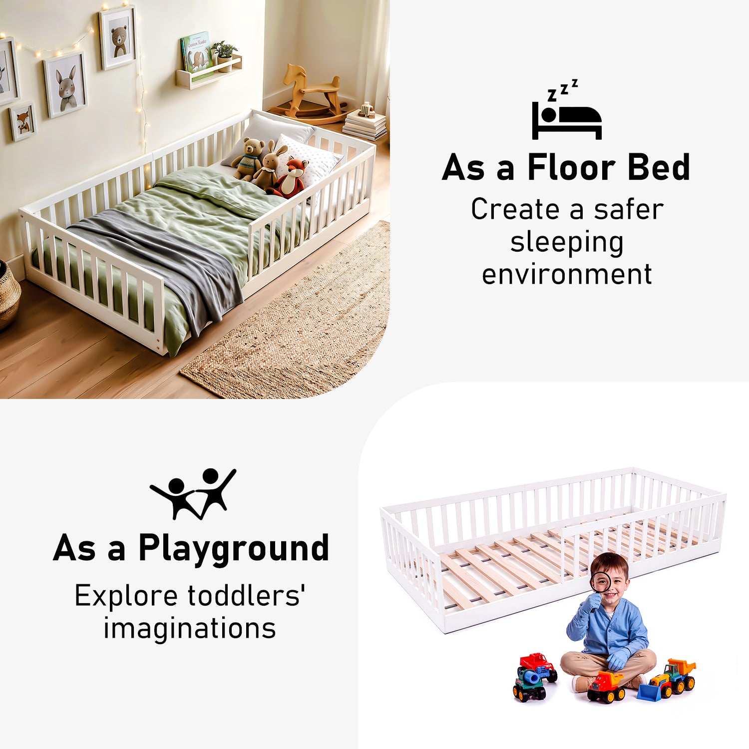 OYAJIA Montessori Floor Bed for Kids, House Bed Frame with Removable Safety Guardrail