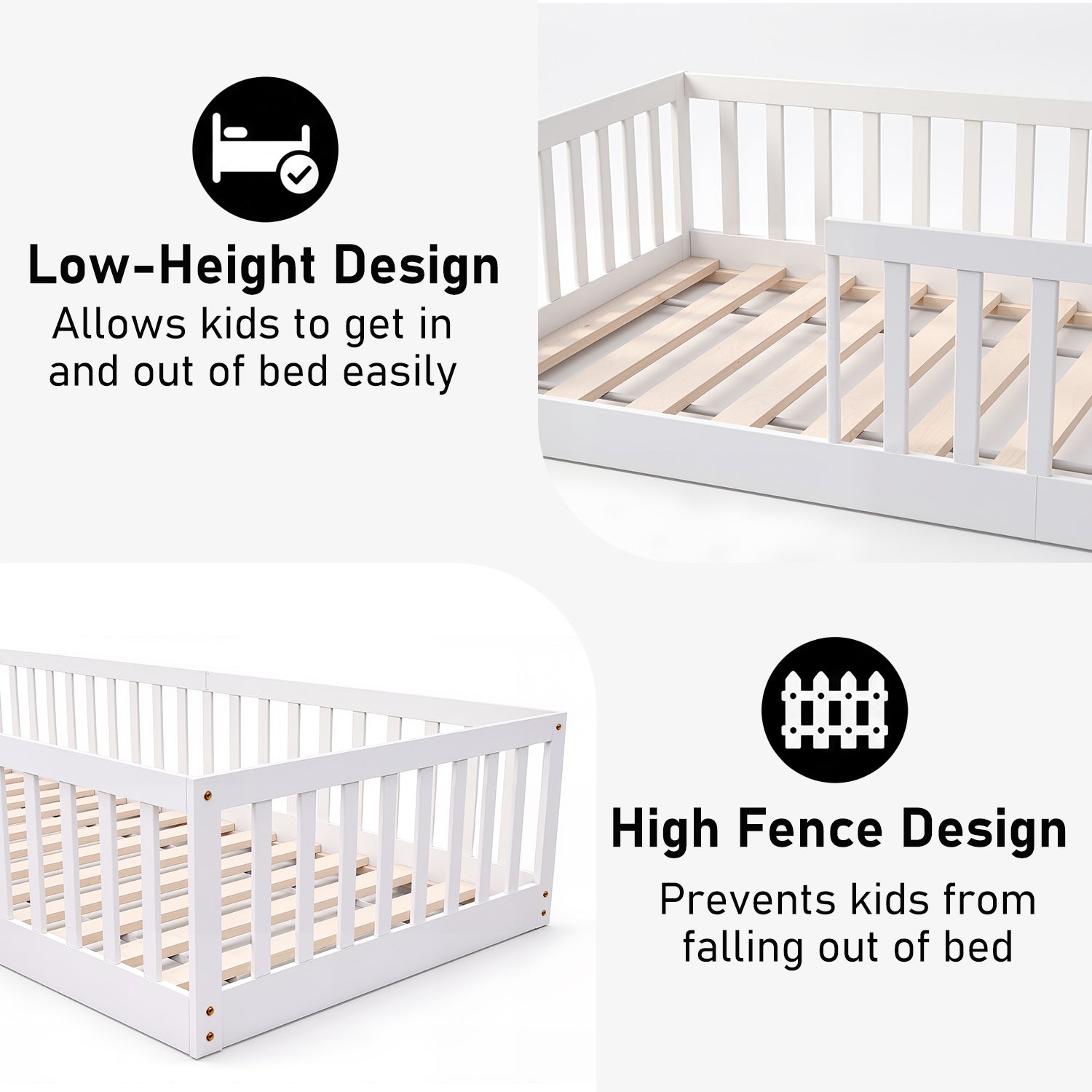 OYAJIA Montessori Floor Bed for Kids, House Bed Frame with Removable Safety Guardrail