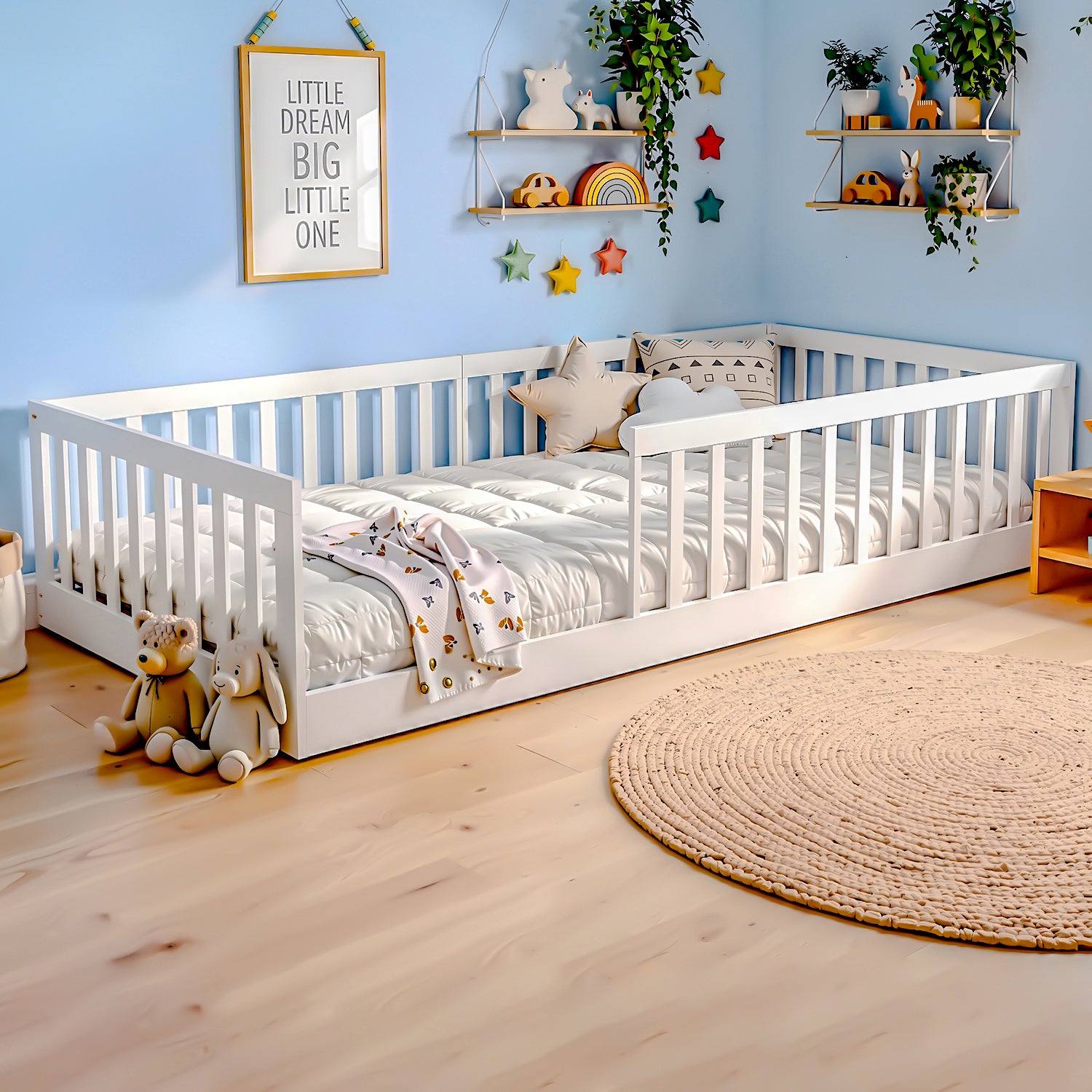 OYAJIA Montessori Floor Bed for Kids, House Bed Frame with Removable Safety Guardrail