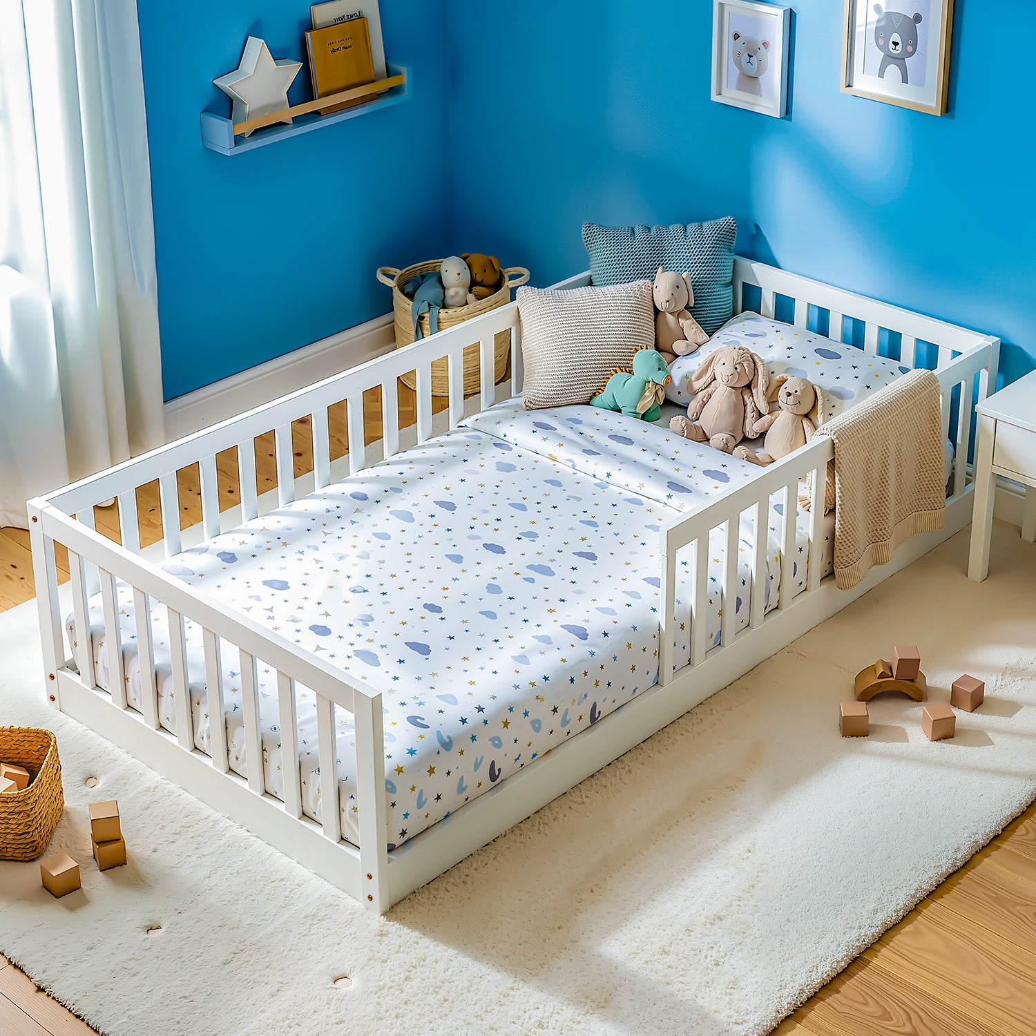OYAJIA Montessori Floor Bed for Kids, House Bed Frame with Removable Safety Guardrail