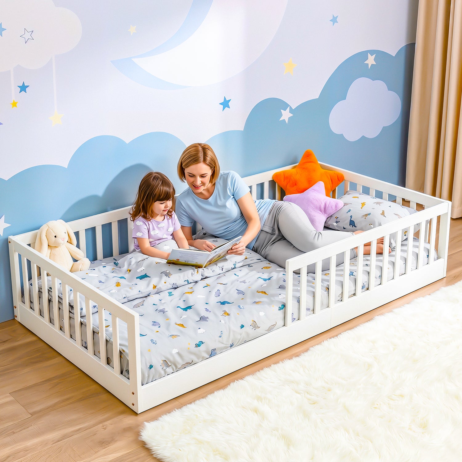 OYAJIA Montessori Floor Bed for Kids, House Bed Frame with Removable Safety Guardrail