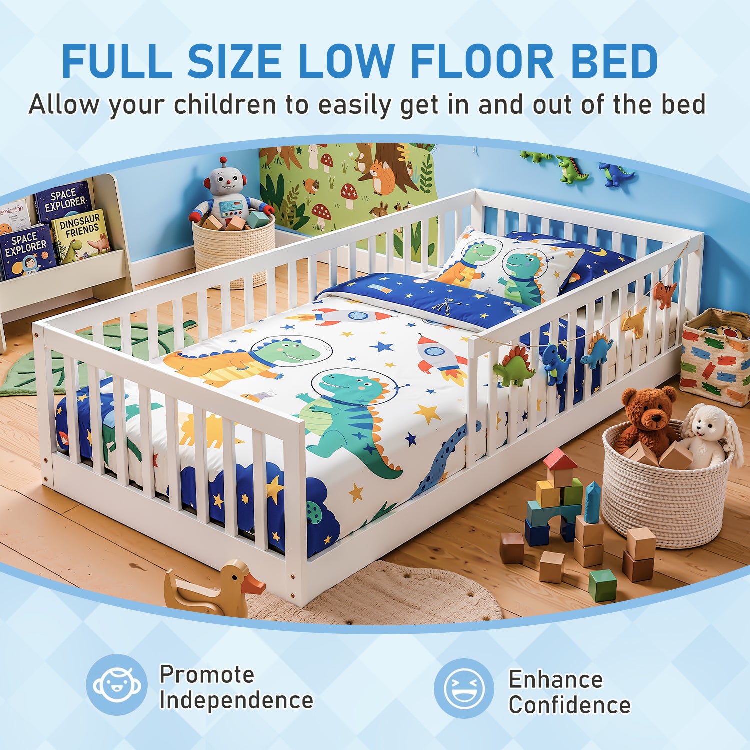 OYAJIA Montessori Floor Bed for Kids, House Bed Frame with Removable Safety Guardrail