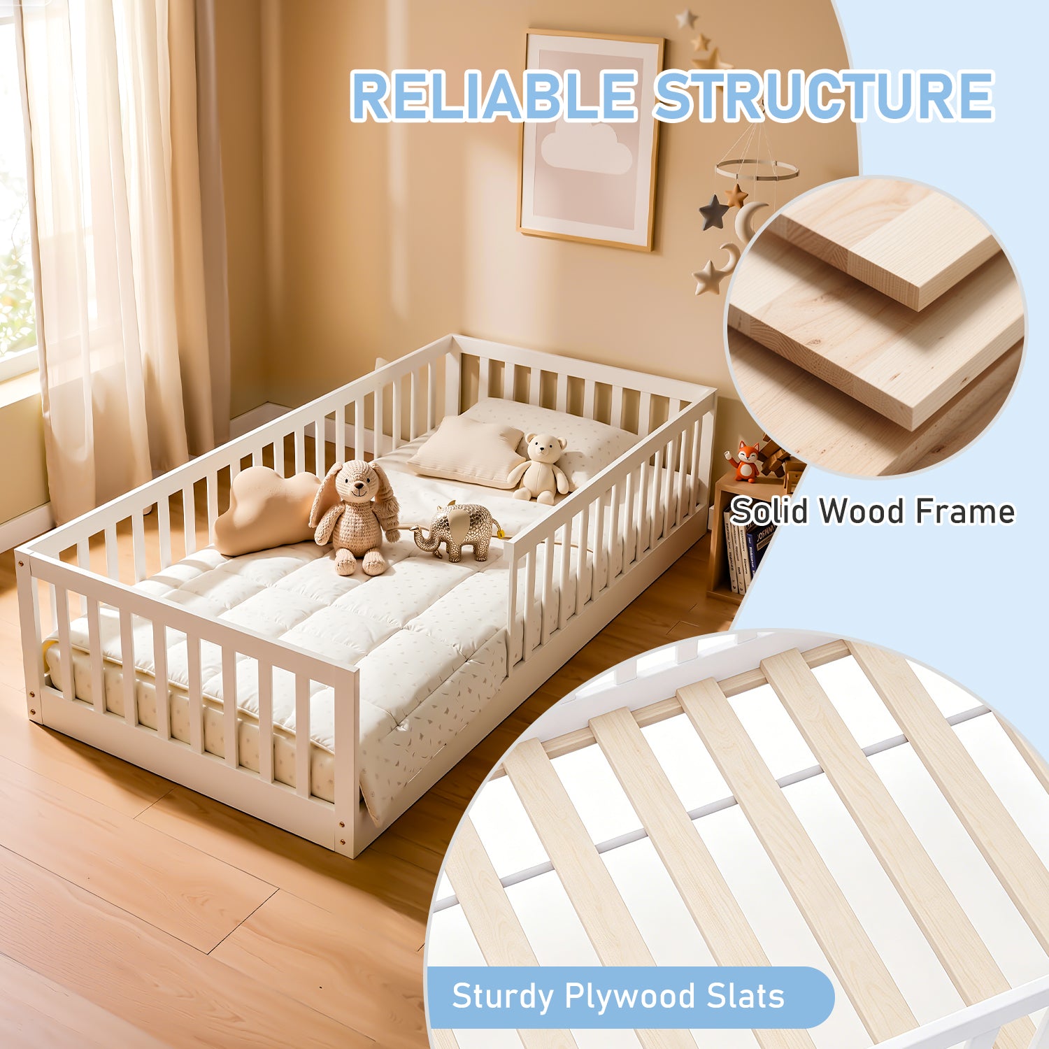 OYAJIA Montessori Floor Bed for Kids, House Bed Frame with Removable Safety Guardrail