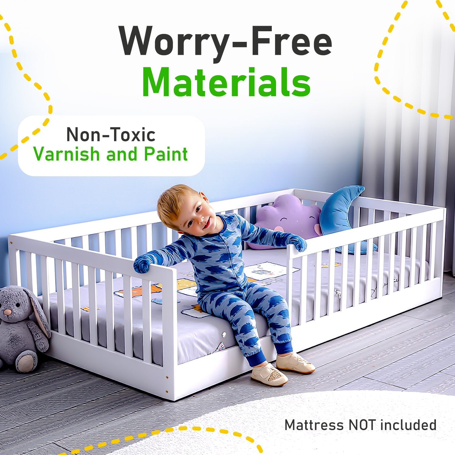OYAJIA Montessori Floor Bed for Kids, House Bed Frame with Removable Safety Guardrail