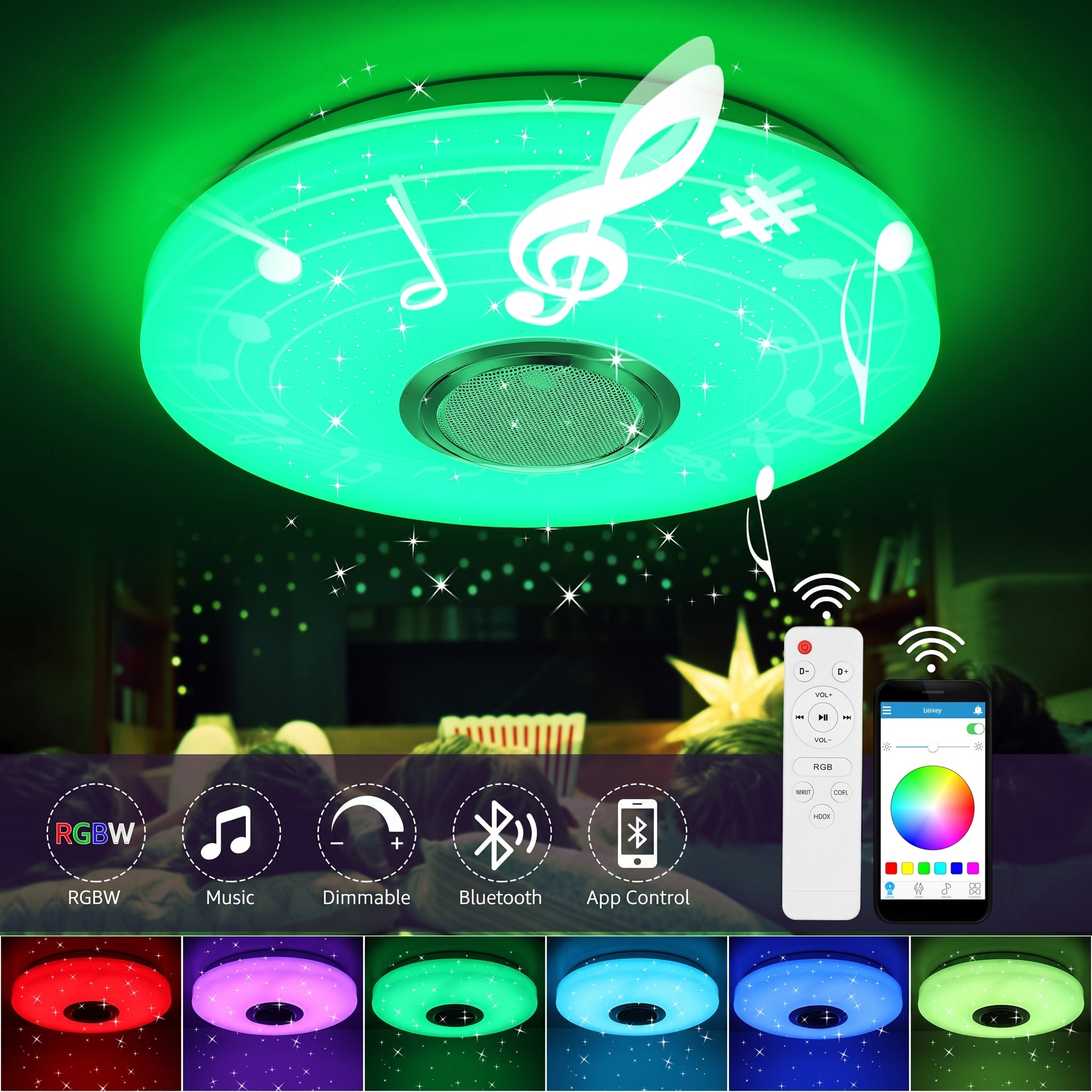 OYAJIA RGB LED Ceiling Light with Bluetooth Speaker, App Control, Dimmable Lighting