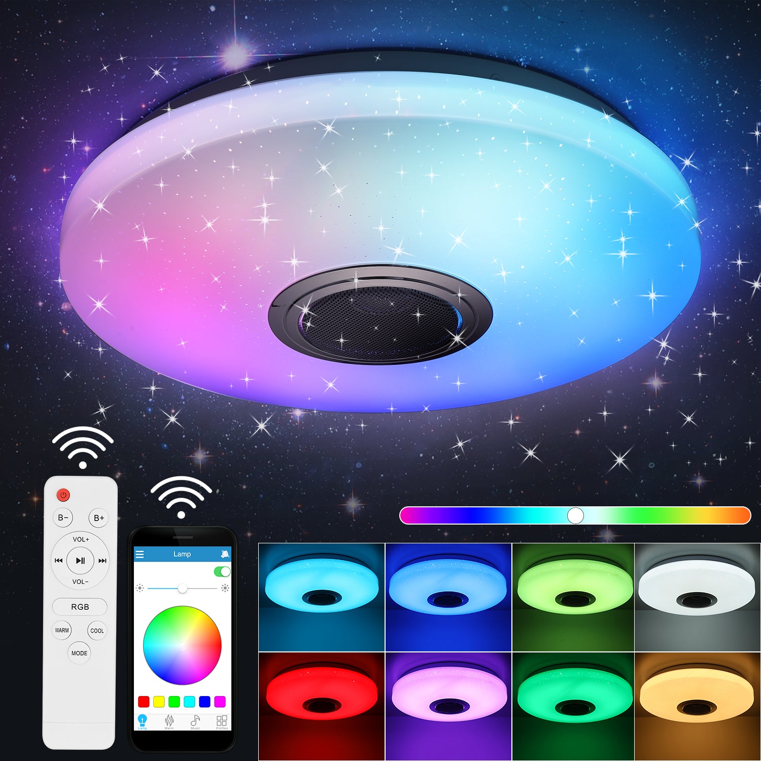 OYAJIA RGB LED Ceiling Light with Bluetooth Speaker, App Control, Dimmable Lighting