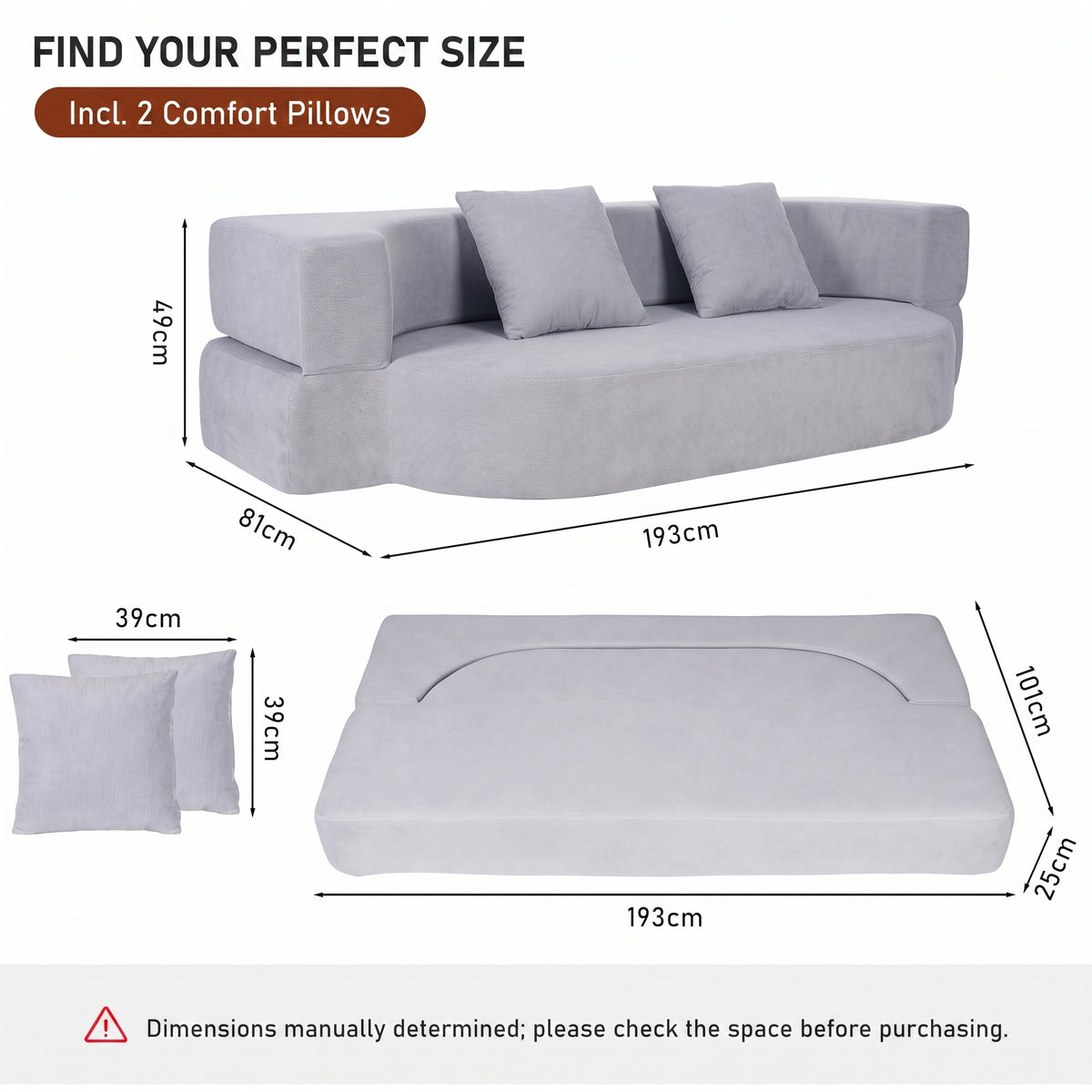 OYAJIA Foldable Sofa Bed with Two Pillows & Washable Cover, 193 x 81 cm