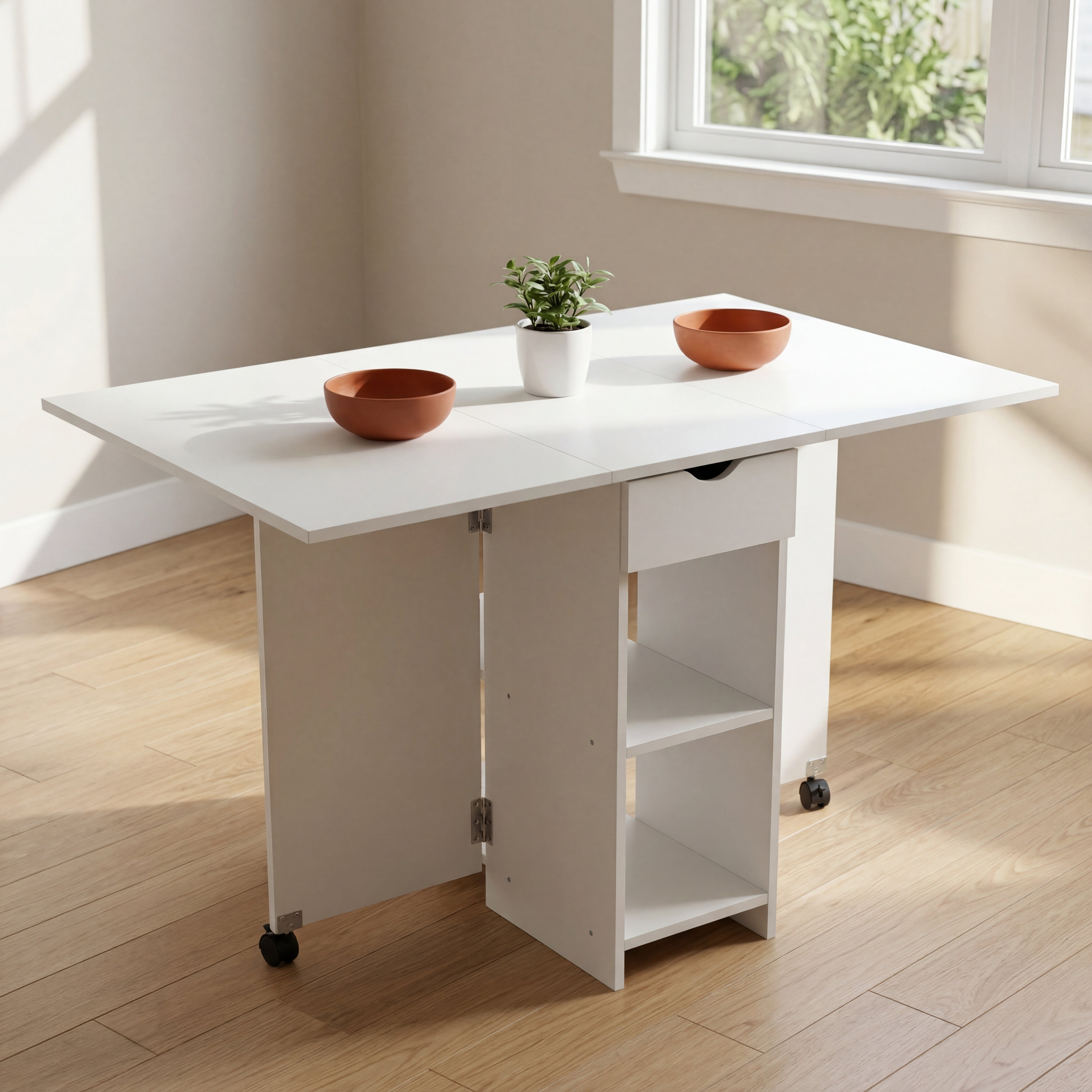 OYAJIA Folding Dining Table for 4-6, Drop Leaf Kitchen Table with Drawer and Storage Shelves