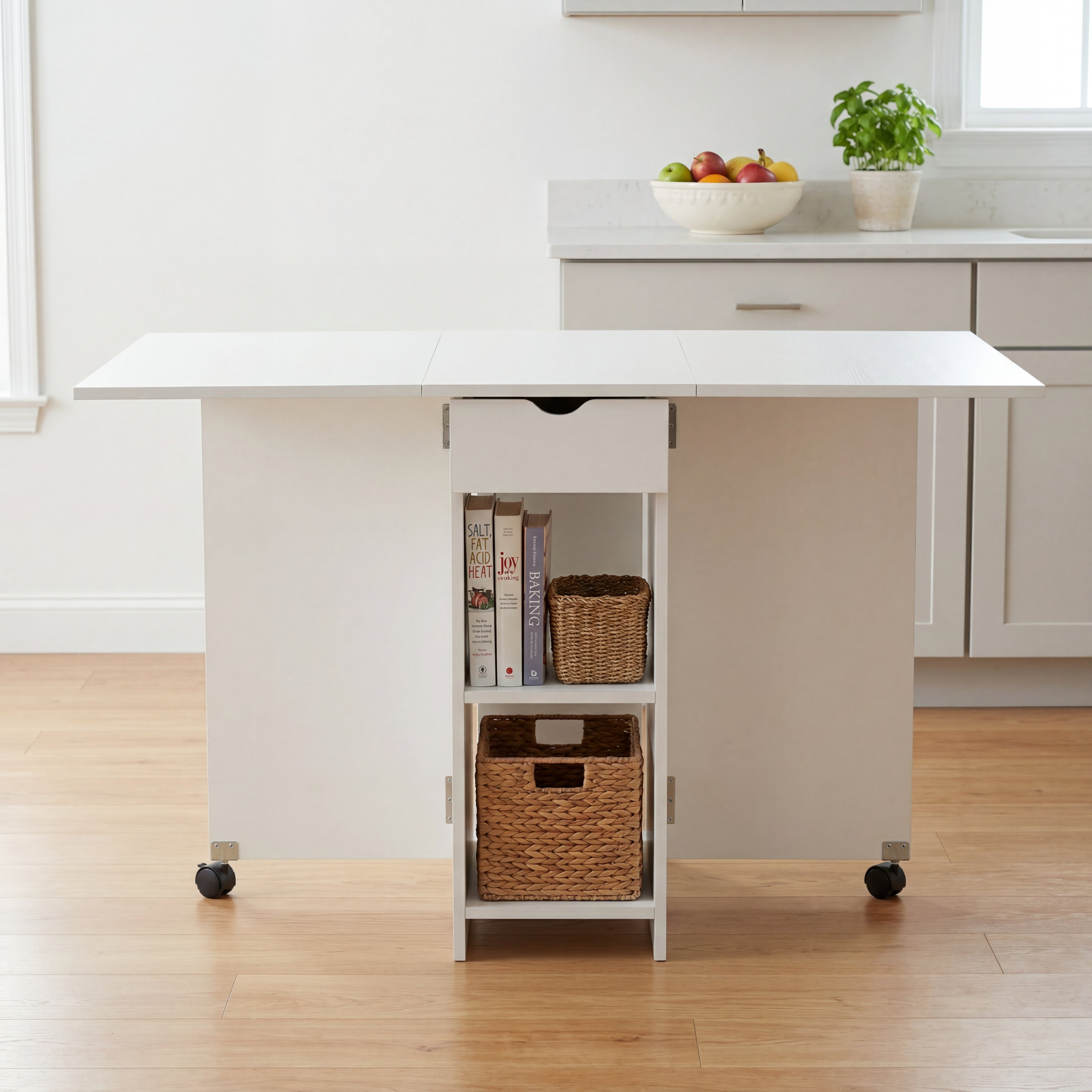 OYAJIA Folding Dining Table for 4-6, Drop Leaf Kitchen Table with Drawer and Storage Shelves