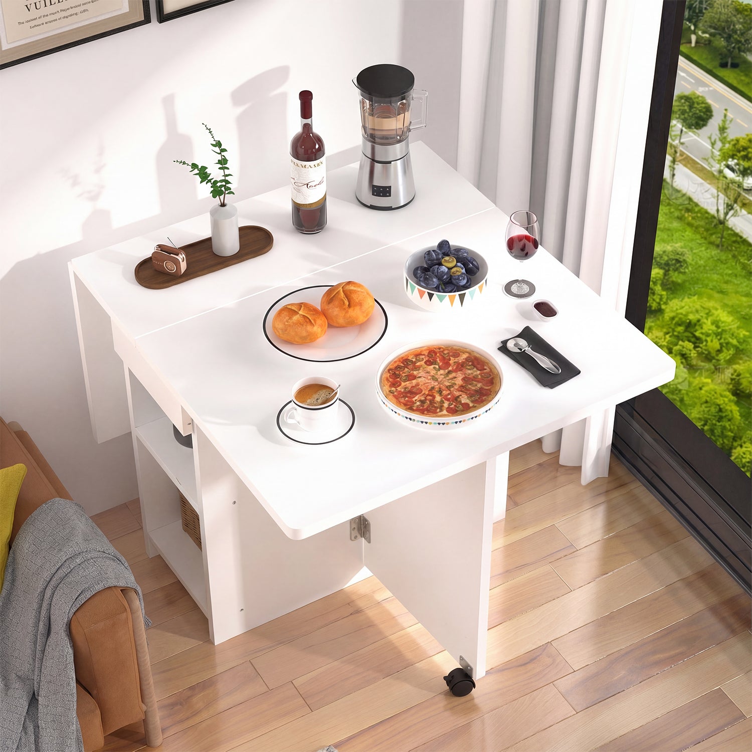 OYAJIA Folding Dining Table for 4-6, Drop Leaf Kitchen Table with Drawer and Storage Shelves