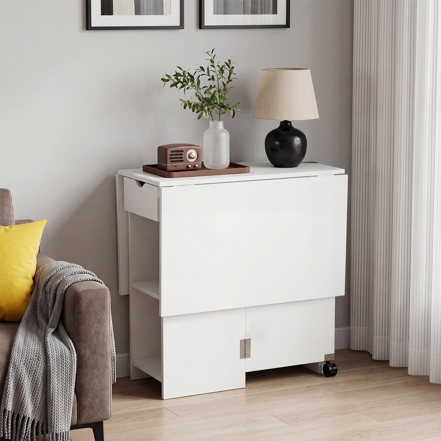 OYAJIA Folding Dining Table for 4-6, Drop Leaf Kitchen Table with Drawer and Storage Shelves