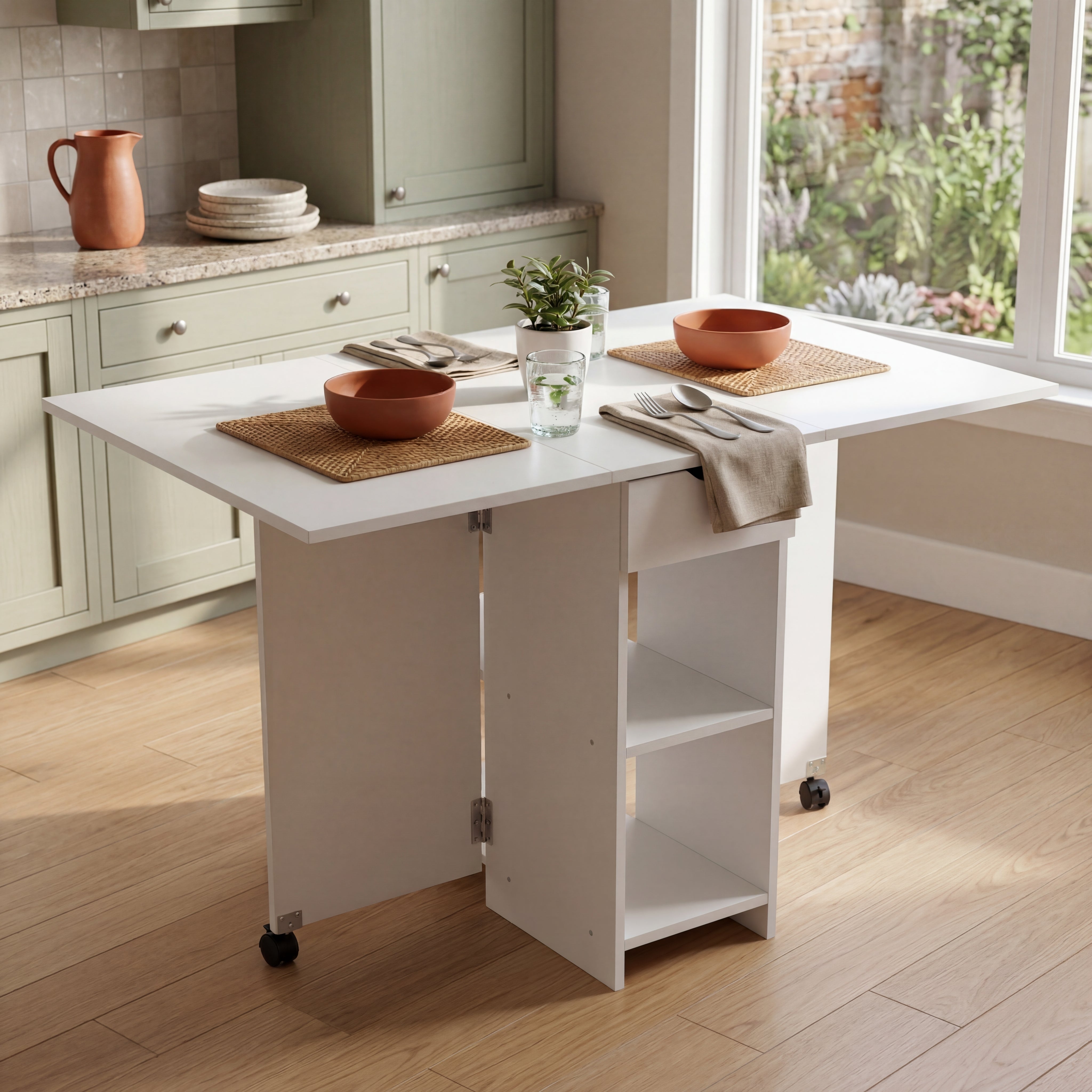 OYAJIA Folding Dining Table for 4-6, Drop Leaf Kitchen Table with Drawer and Storage Shelves