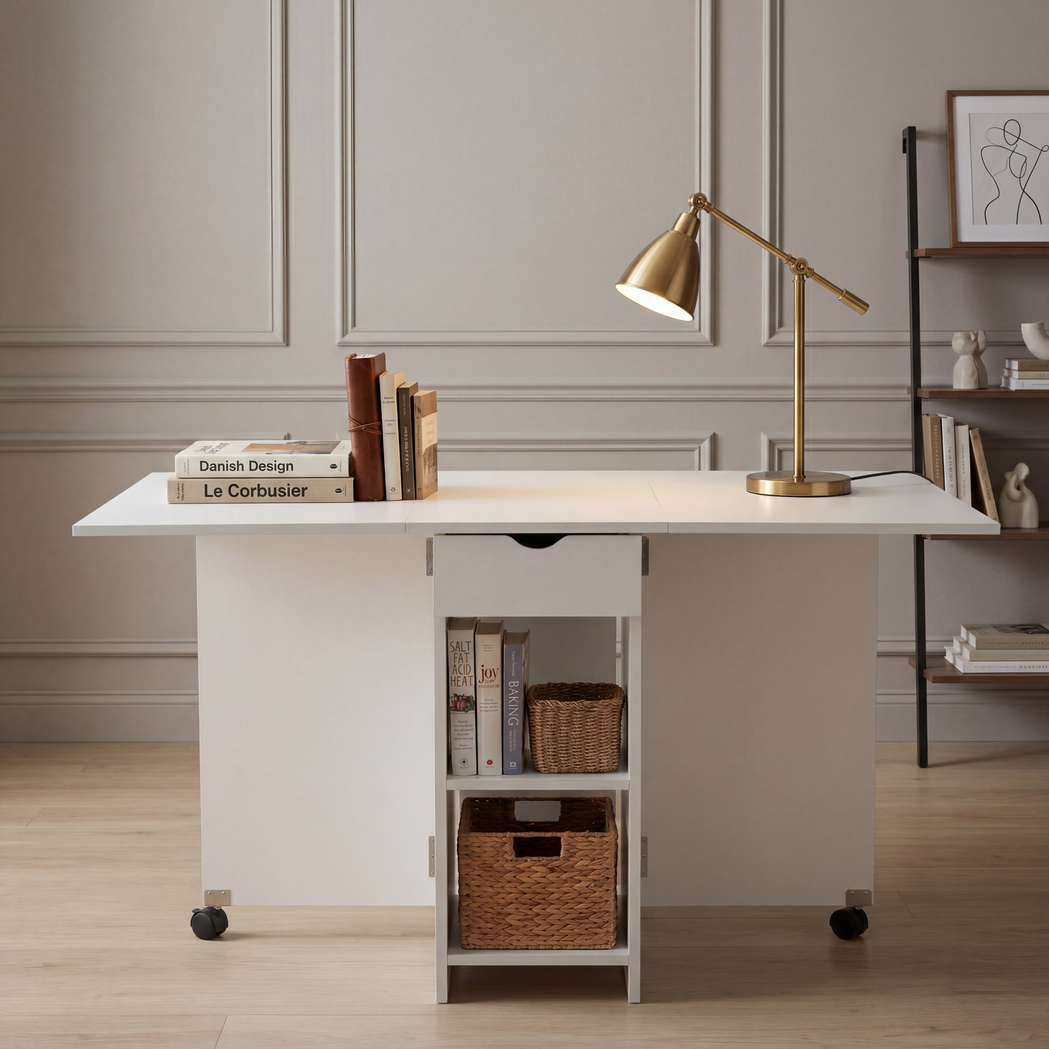 OYAJIA Folding Dining Table for 4-6, Drop Leaf Kitchen Table with Drawer and Storage Shelves