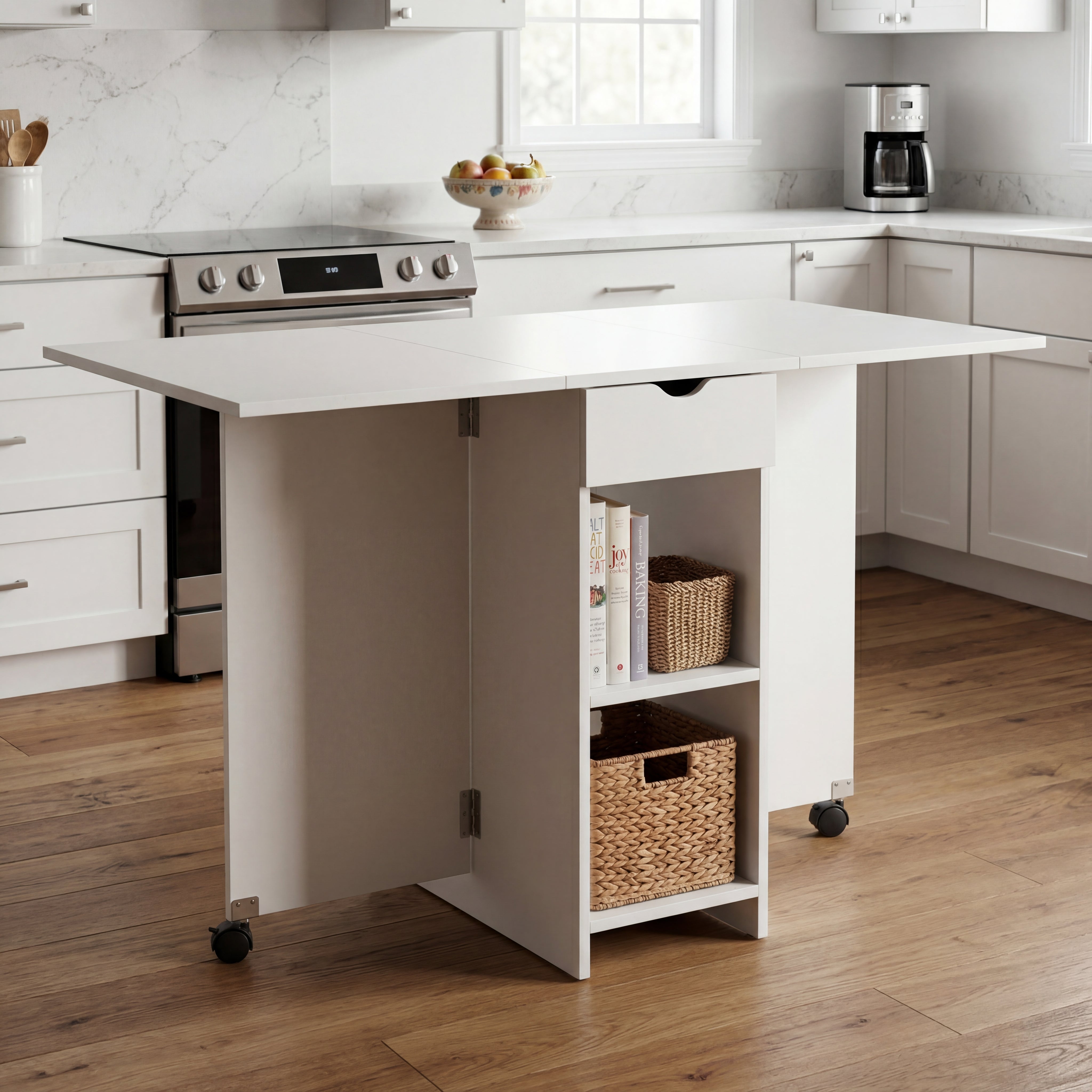 OYAJIA Folding Dining Table for 4-6, Drop Leaf Kitchen Table with Drawer and Storage Shelves