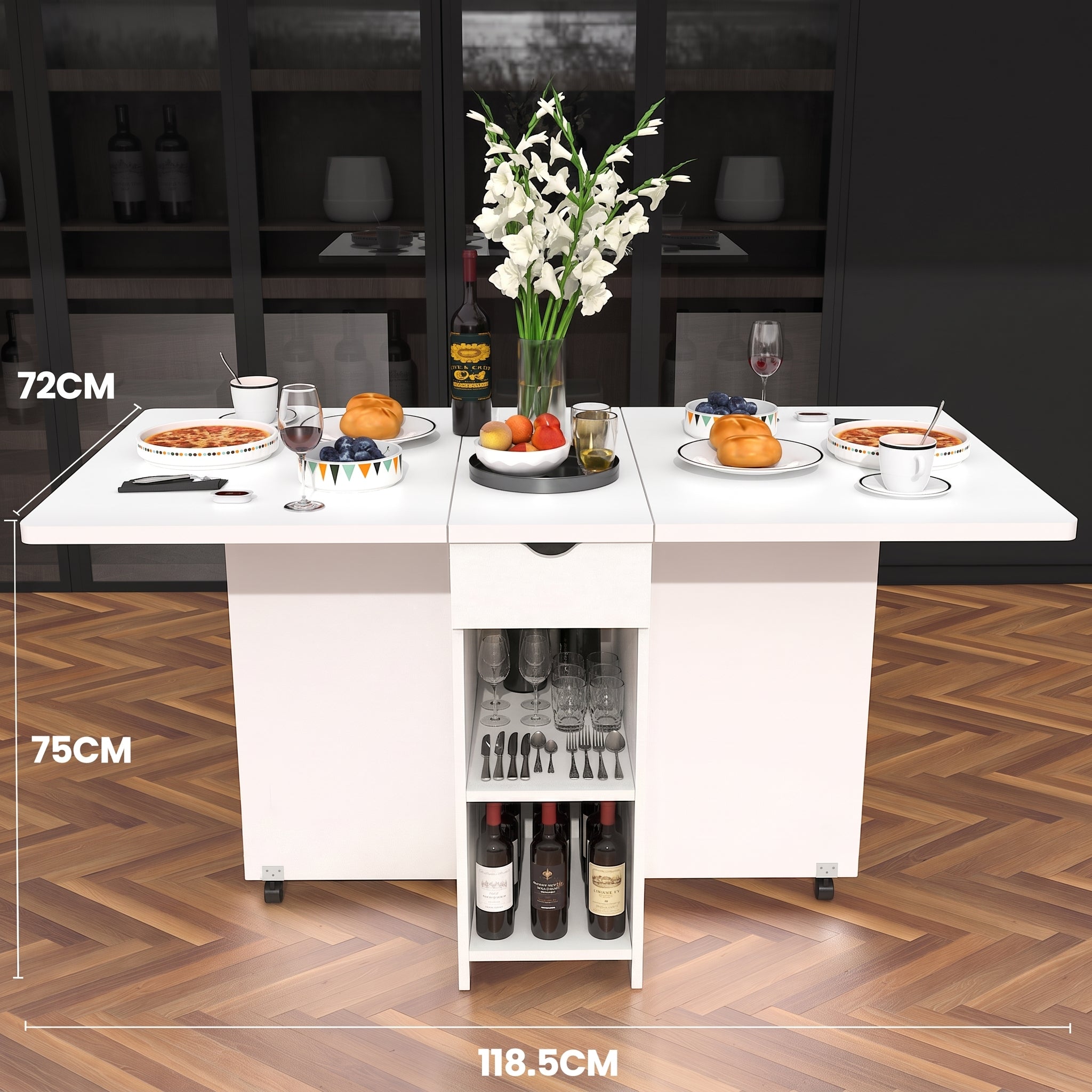 OYAJIA Folding Dining Table for 4-6, Drop Leaf Kitchen Table with Drawer and Storage Shelves