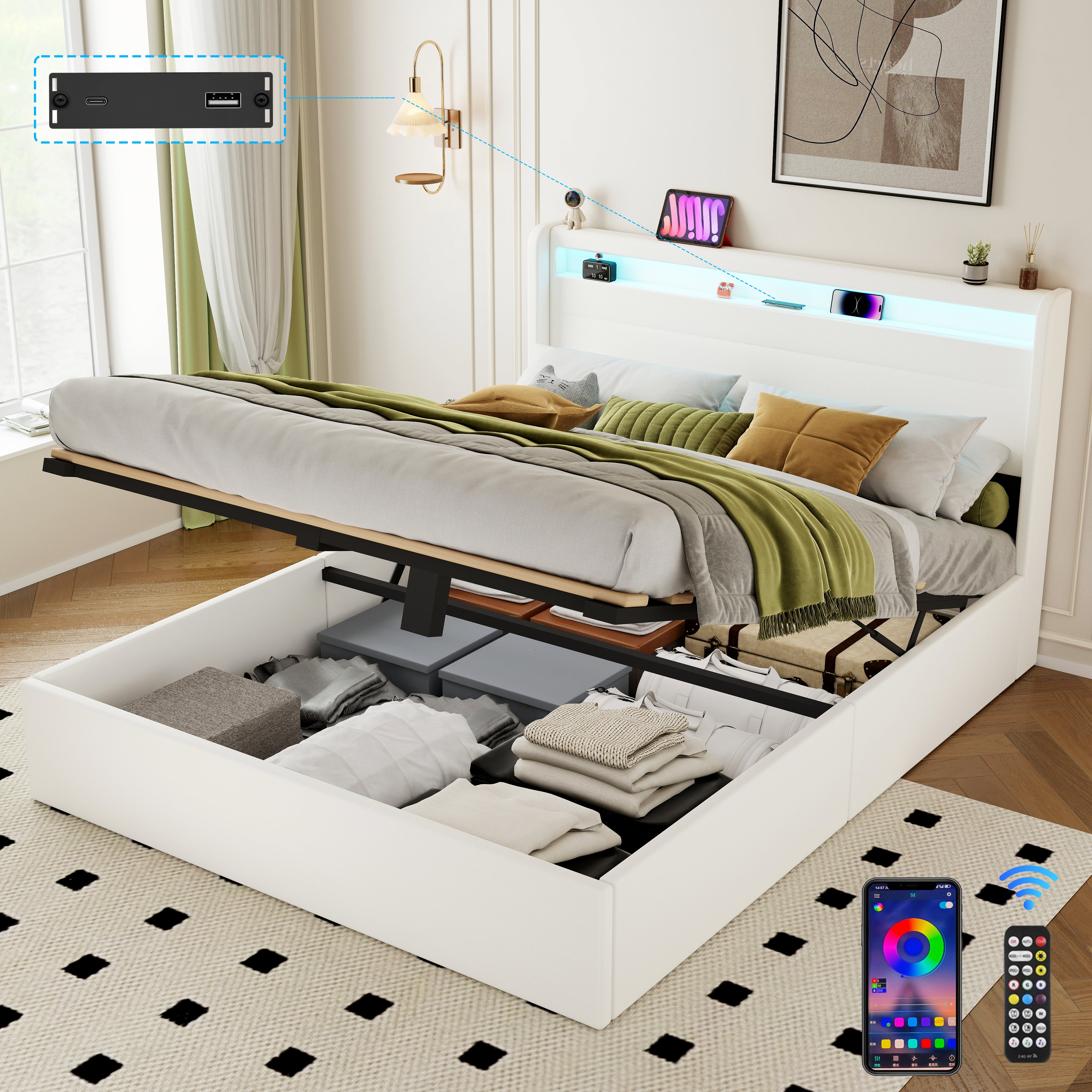 OYAJIA PU Leather Storage Bed with Hydraulic Lift, USB and Type-C Charging Ports