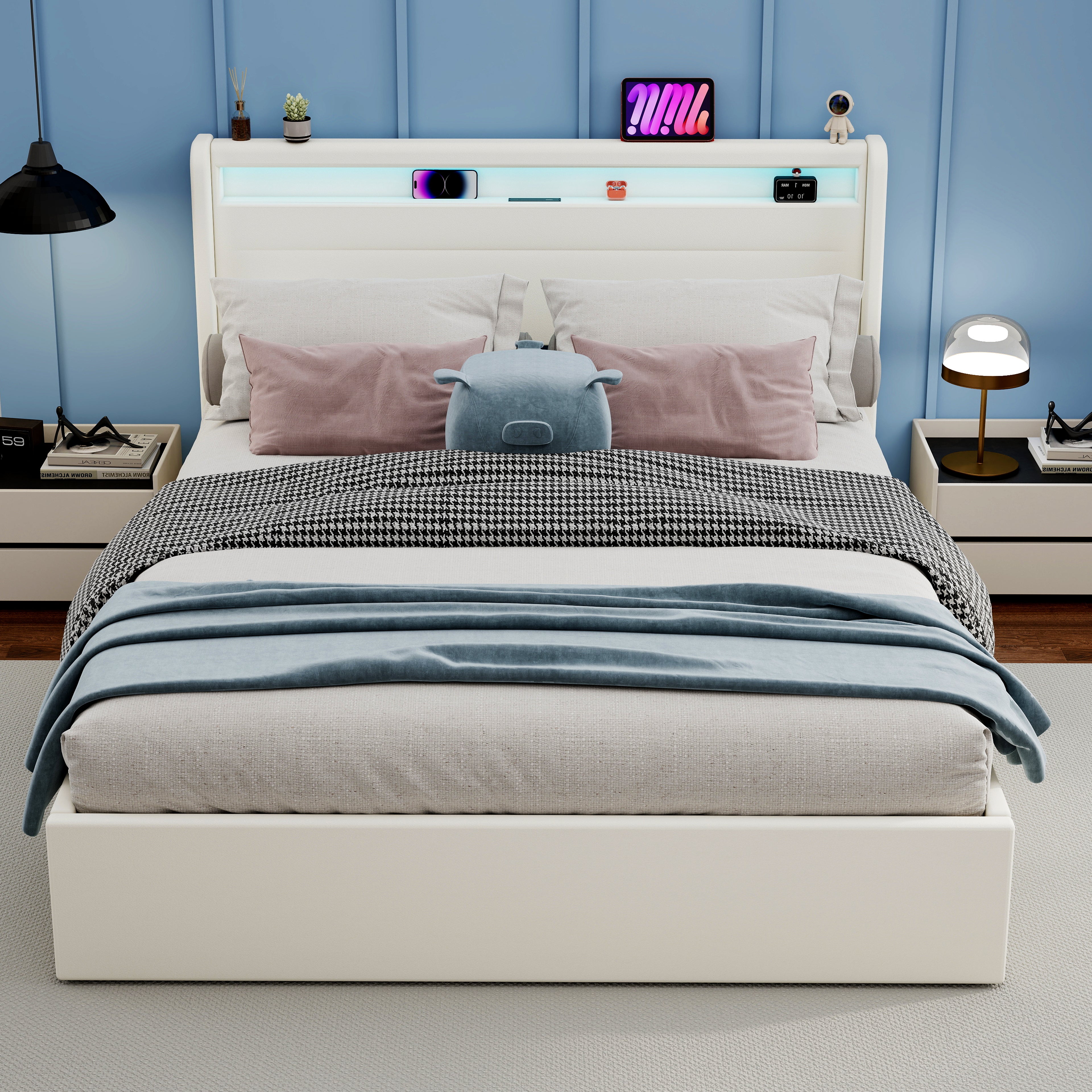 OYAJIA PU Leather Storage Bed with Hydraulic Lift, USB and Type-C Charging Ports
