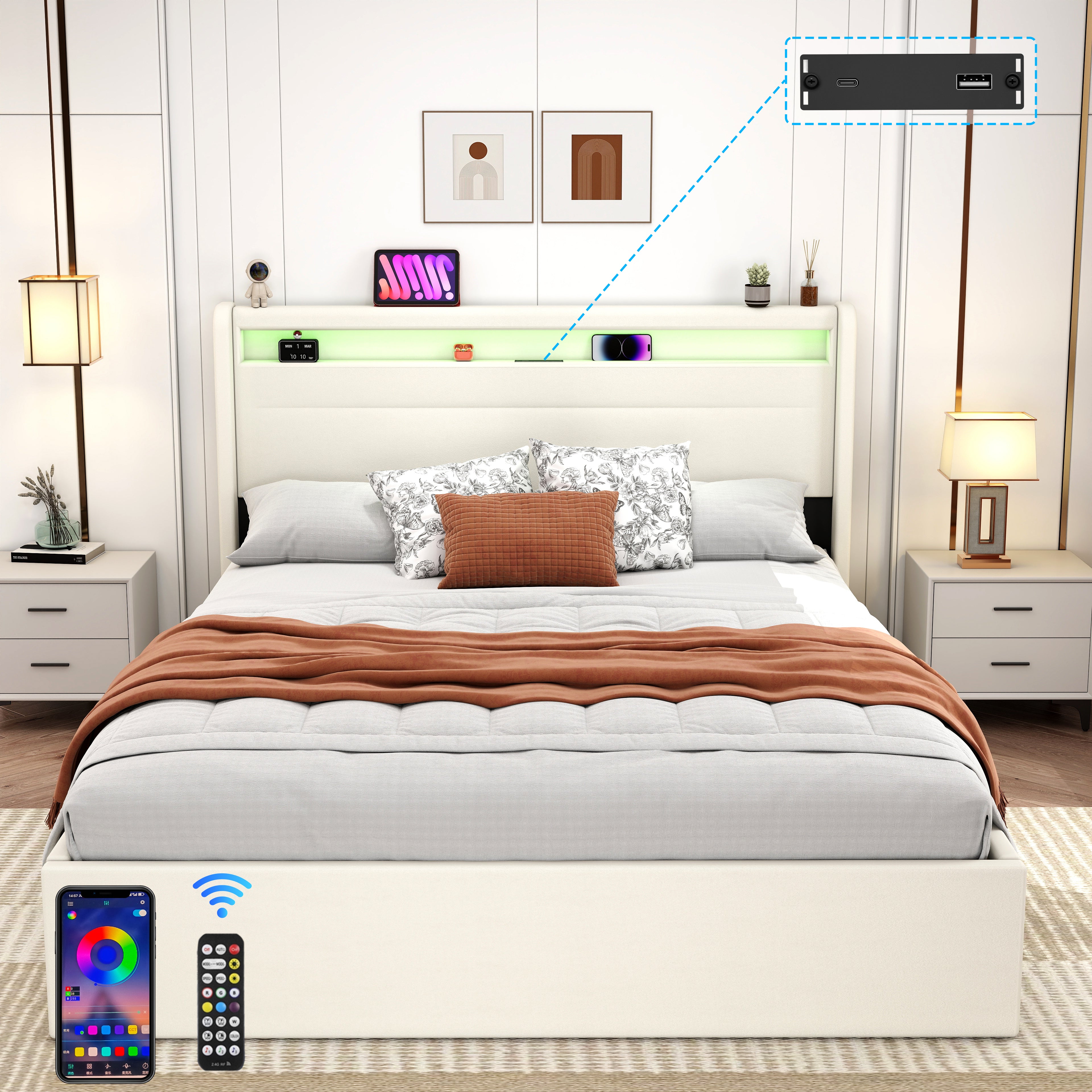 OYAJIA PU Leather Storage Bed with Hydraulic Lift, USB and Type-C Charging Ports