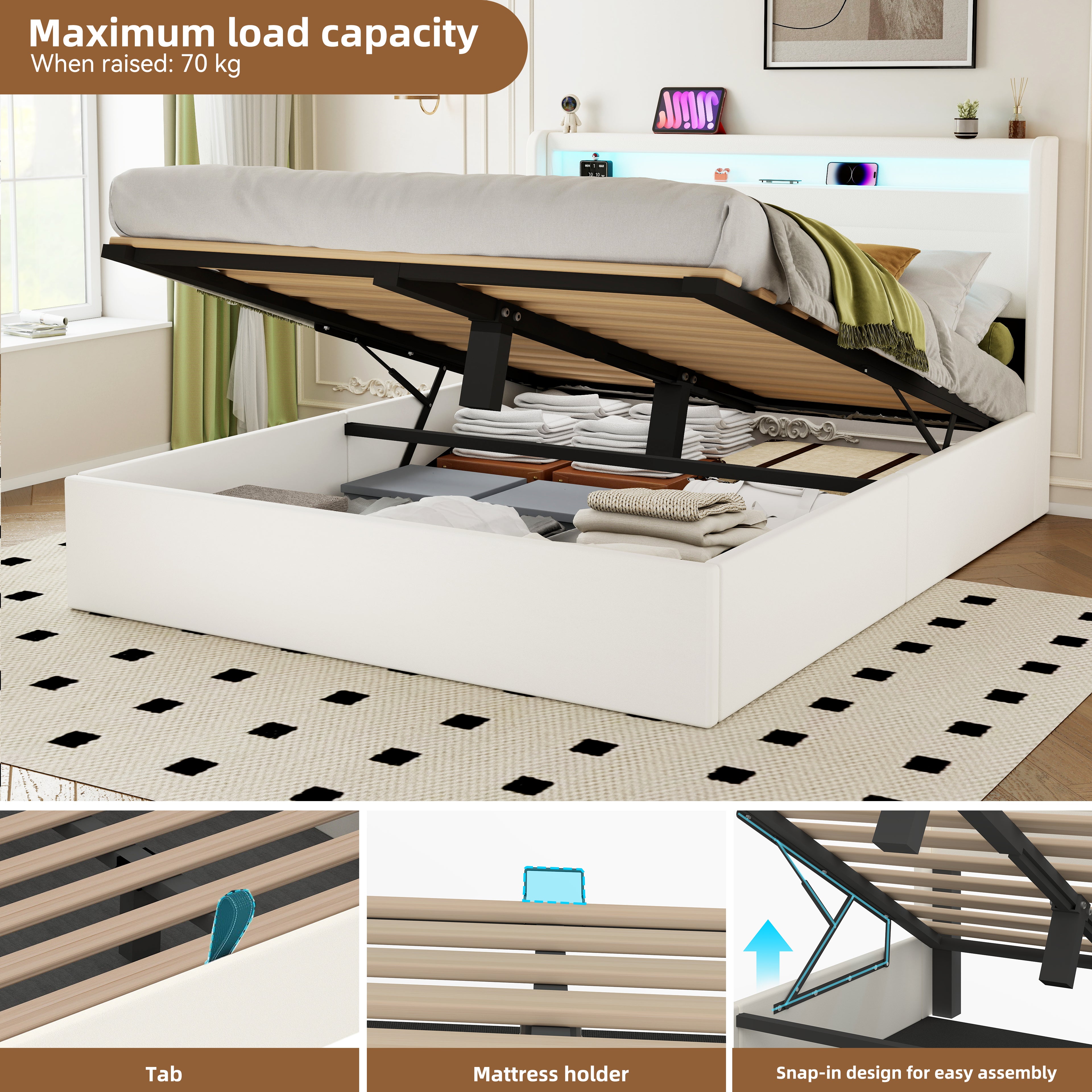 OYAJIA PU Leather Storage Bed with Hydraulic Lift, USB and Type-C Charging Ports
