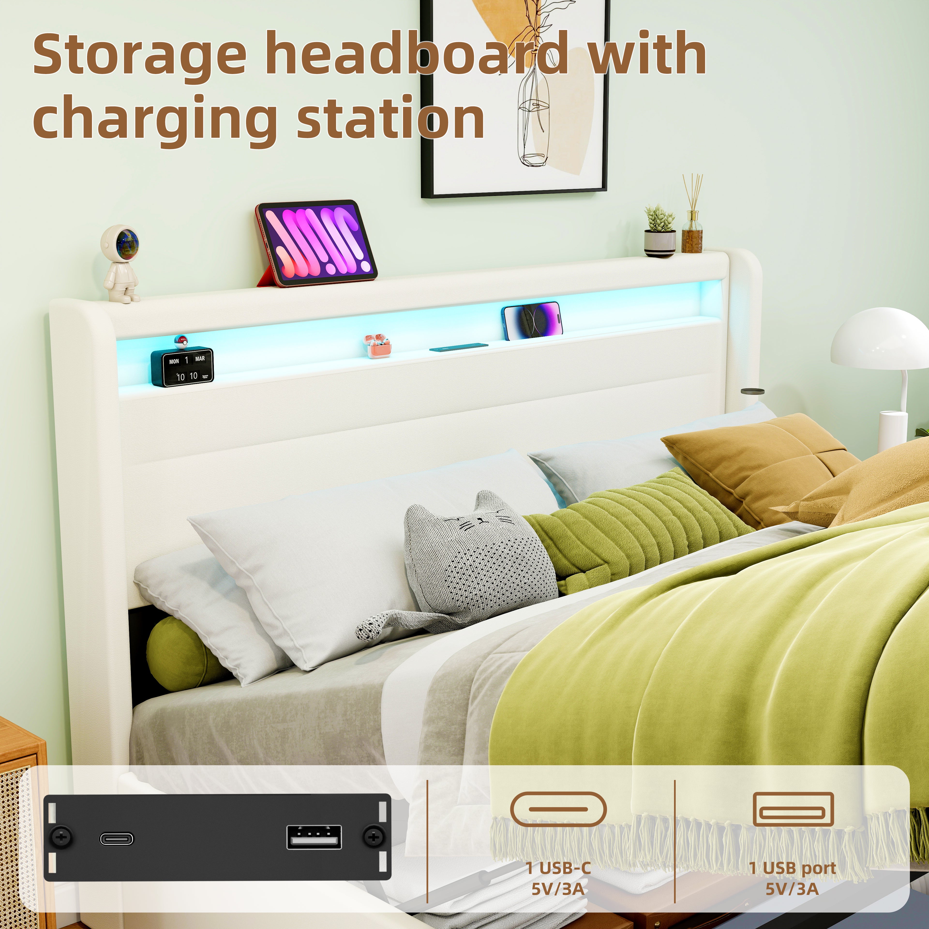 OYAJIA PU Leather Storage Bed with Hydraulic Lift, USB and Type-C Charging Ports