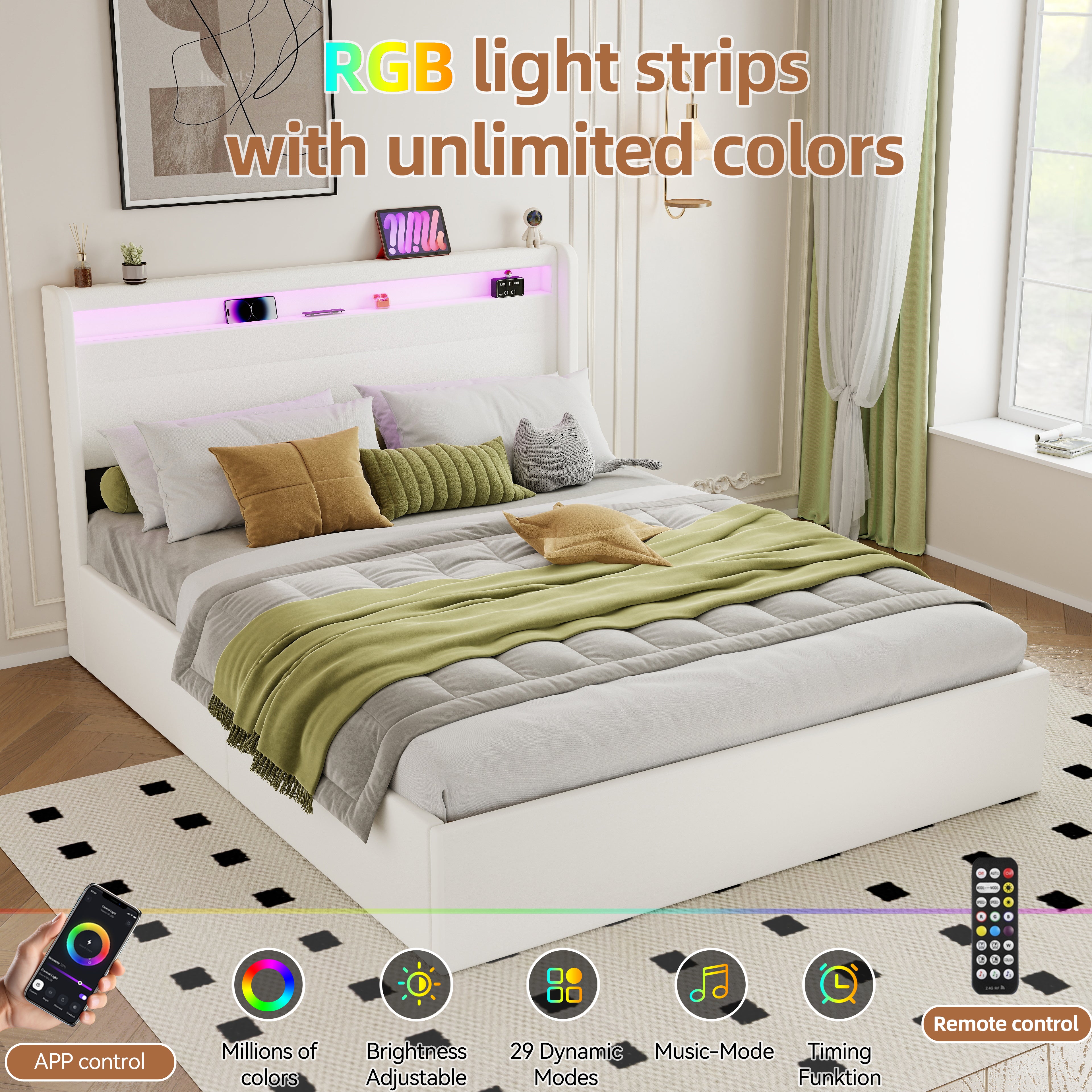 OYAJIA PU Leather Storage Bed with Hydraulic Lift, USB and Type-C Charging Ports