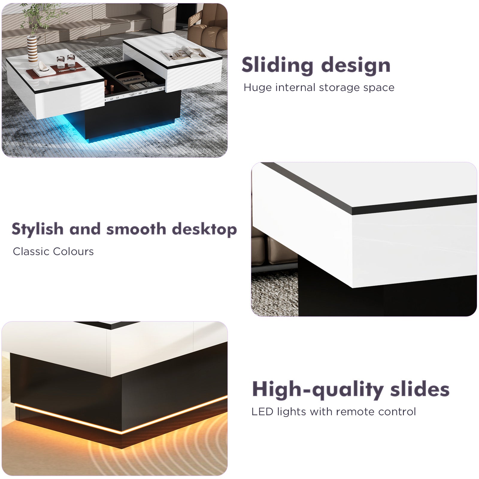 OYAJIA Extendable Coffee Table with Hidden Storage, 20-Color Lights and App Control for Living Room